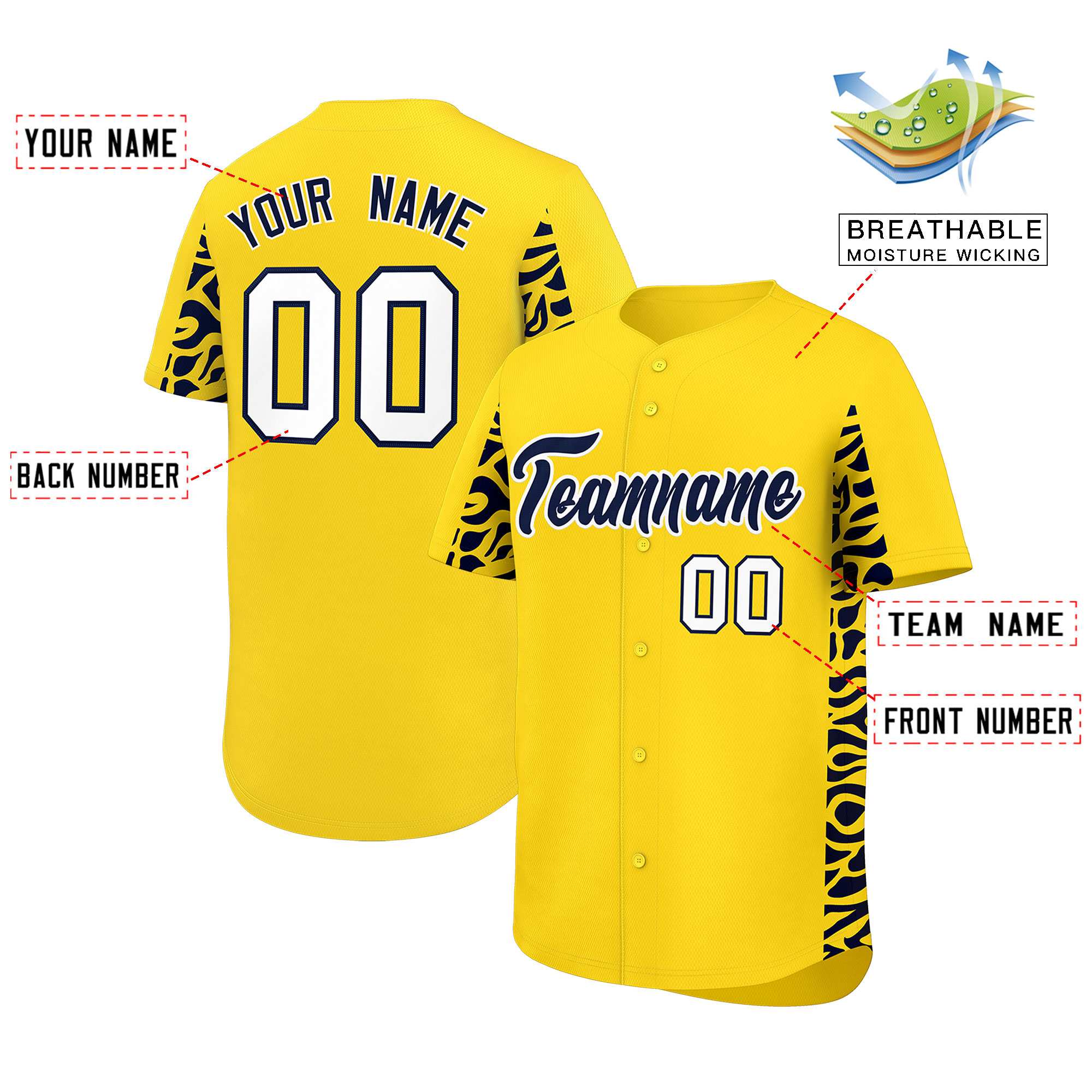 Custom Gold Navy Personalized Leopard Graffiti Pattern Side Design Authentic Baseball Jersey