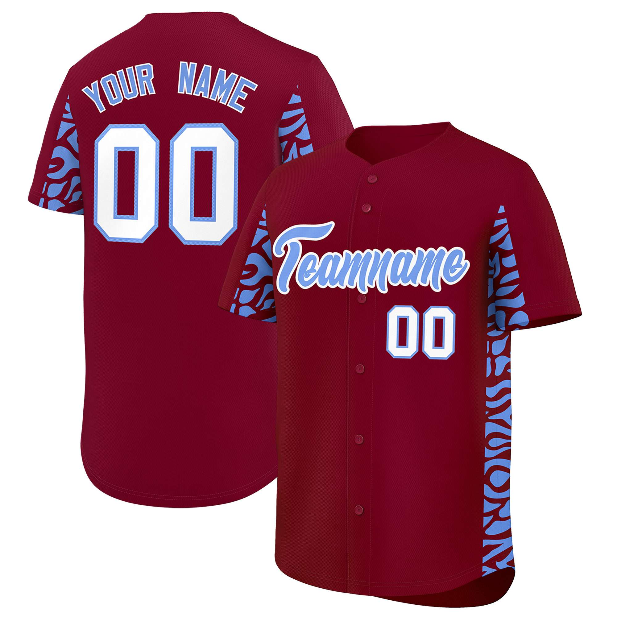 Custom Crimson Powder Blue Personalized Leopard Graffiti Pattern Side Design Authentic Baseball Jersey
