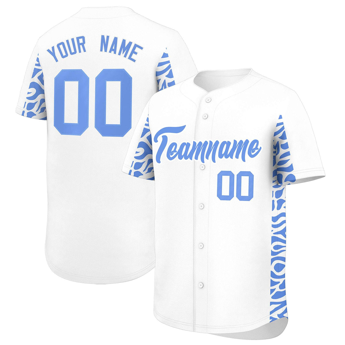 Custom White Powder Blue Personalized Leopard Graffiti Pattern Side Design Authentic Baseball Jersey