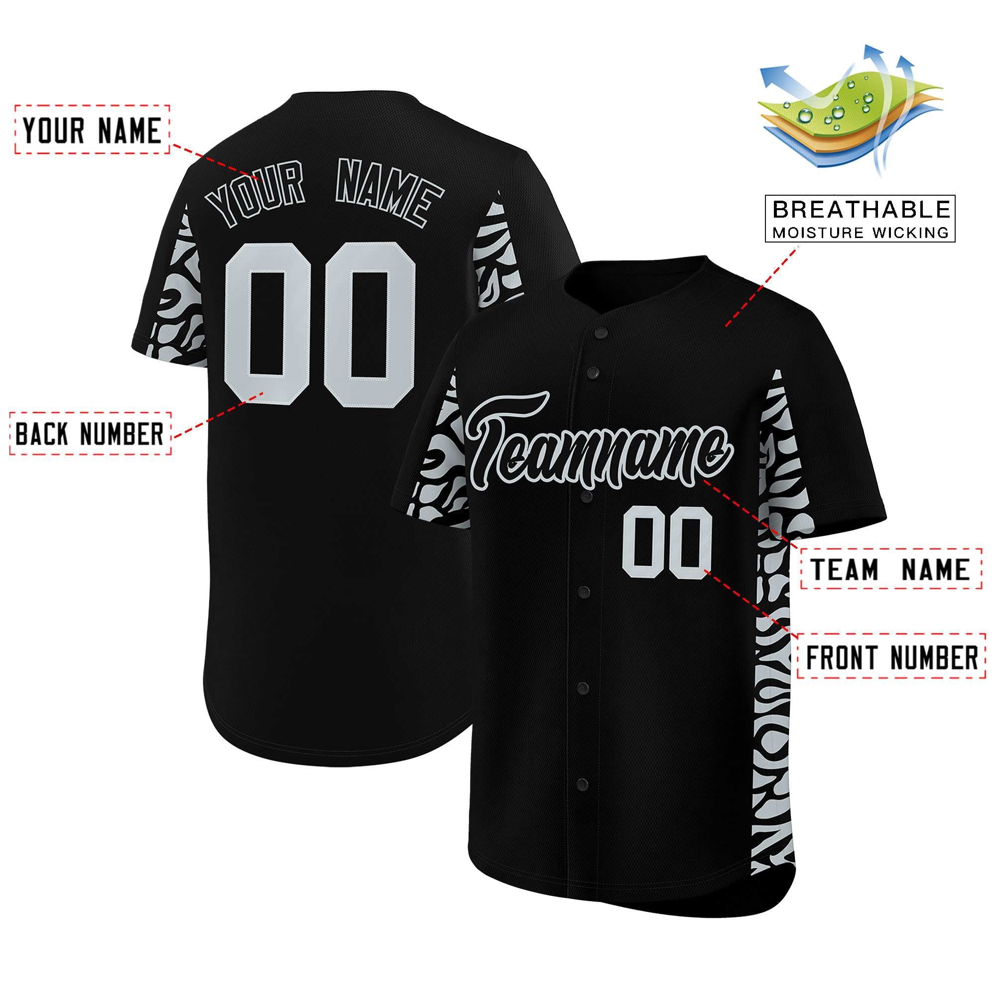 Custom Black Silver Personalized Leopard Graffiti Pattern Side Design Authentic Baseball Jersey