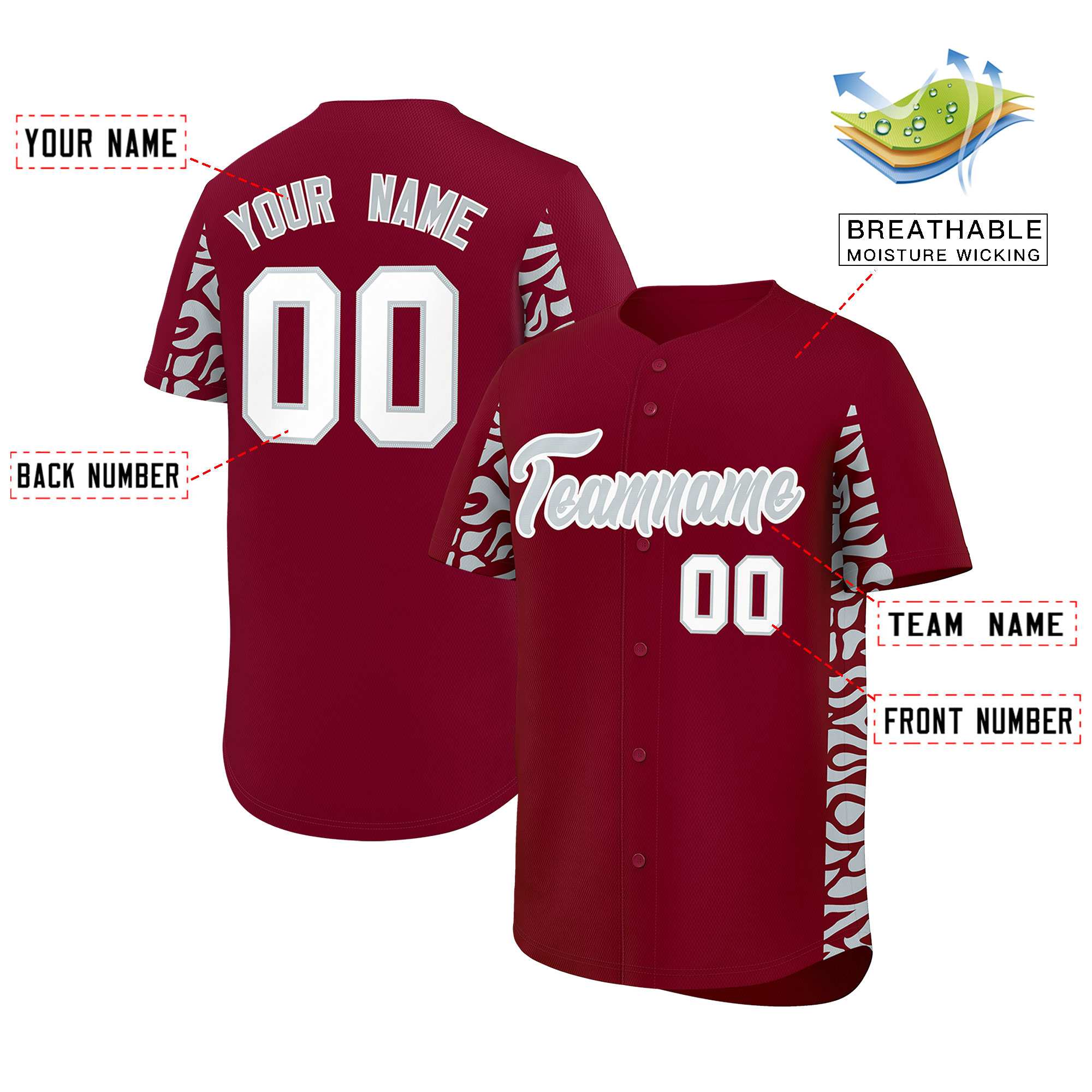 Custom Crimson Silver Personalized Leopard Graffiti Pattern Side Design Authentic Baseball Jersey