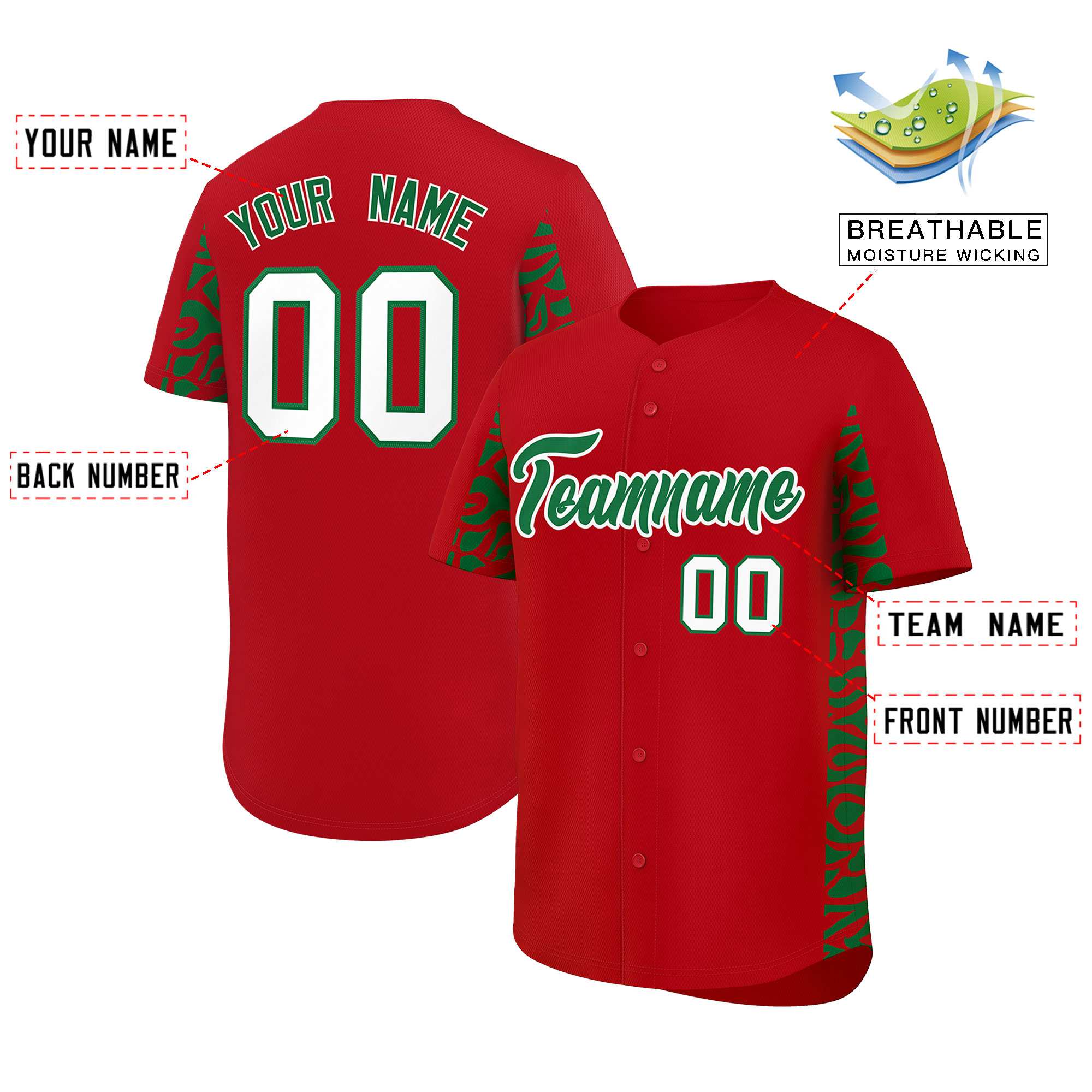 Custom Red Kelly Green Personalized Leopard Graffiti Pattern Side Design Authentic Baseball Jersey