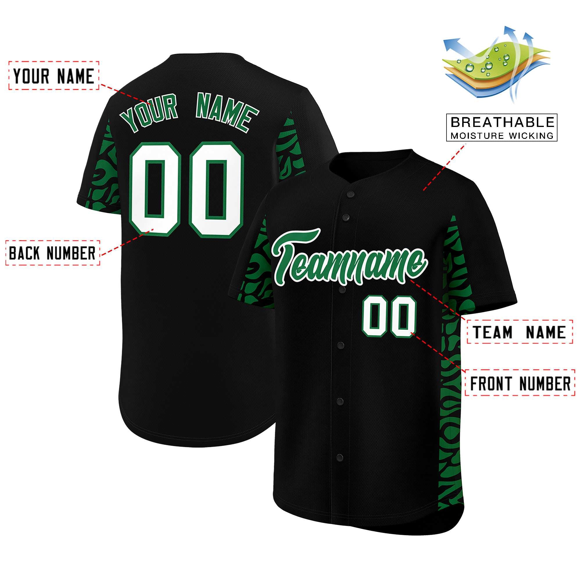 Custom Black Kelly Green Personalized Leopard Graffiti Pattern Side Design Authentic Baseball Jersey