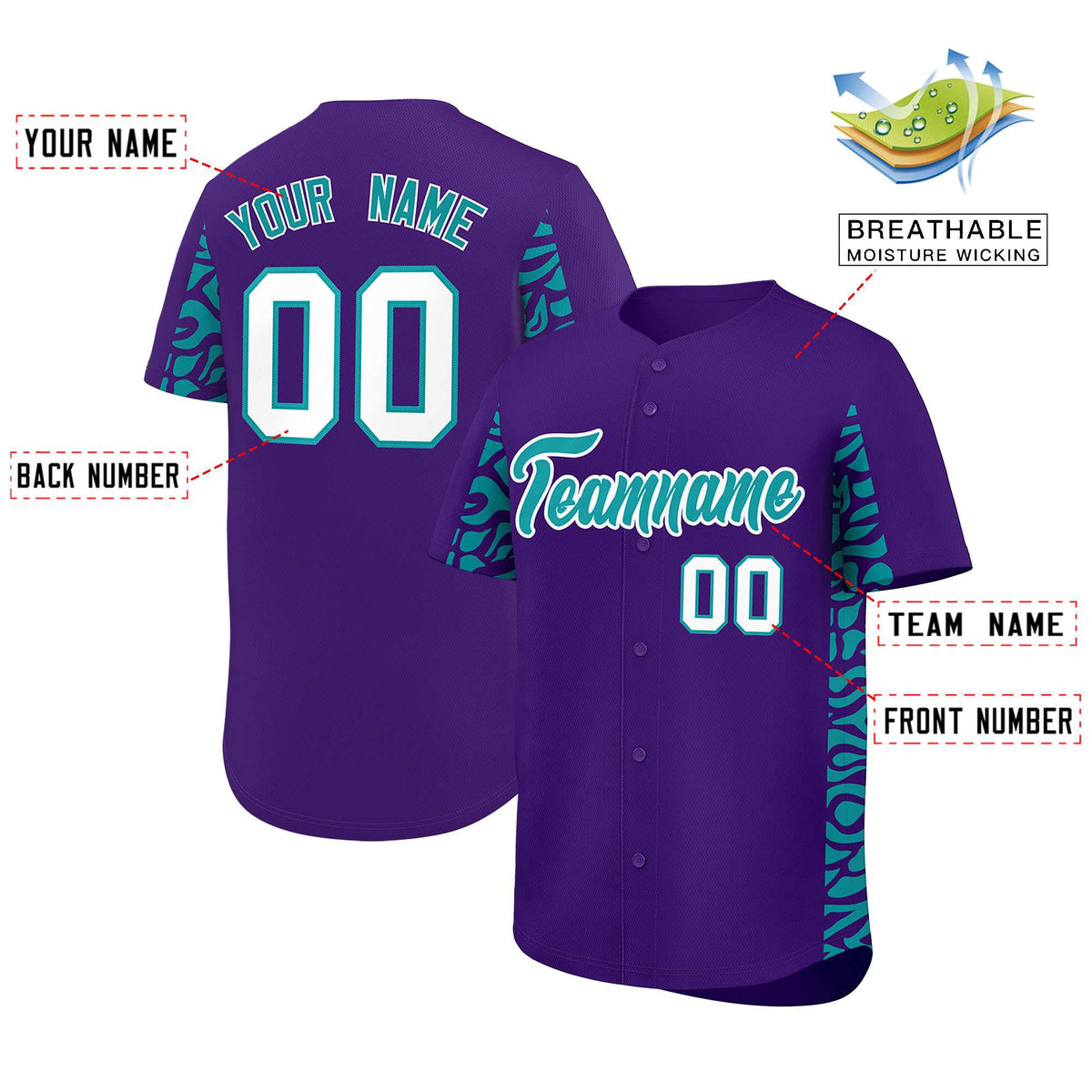 Custom Purple Aqua Personalized Leopard Graffiti Pattern Side Design Authentic Baseball Jersey