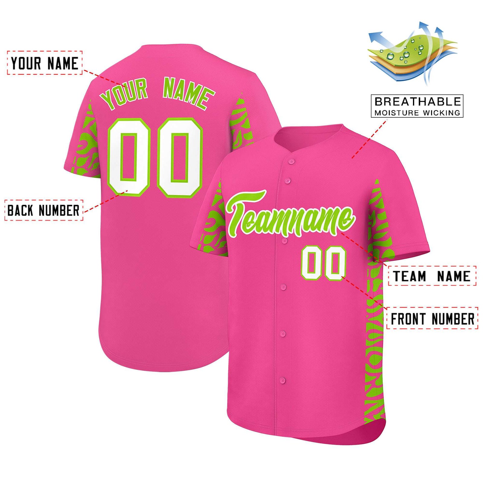 Custom Pink Neon Green Personalized Leopard Graffiti Pattern Side Design Authentic Baseball Jersey