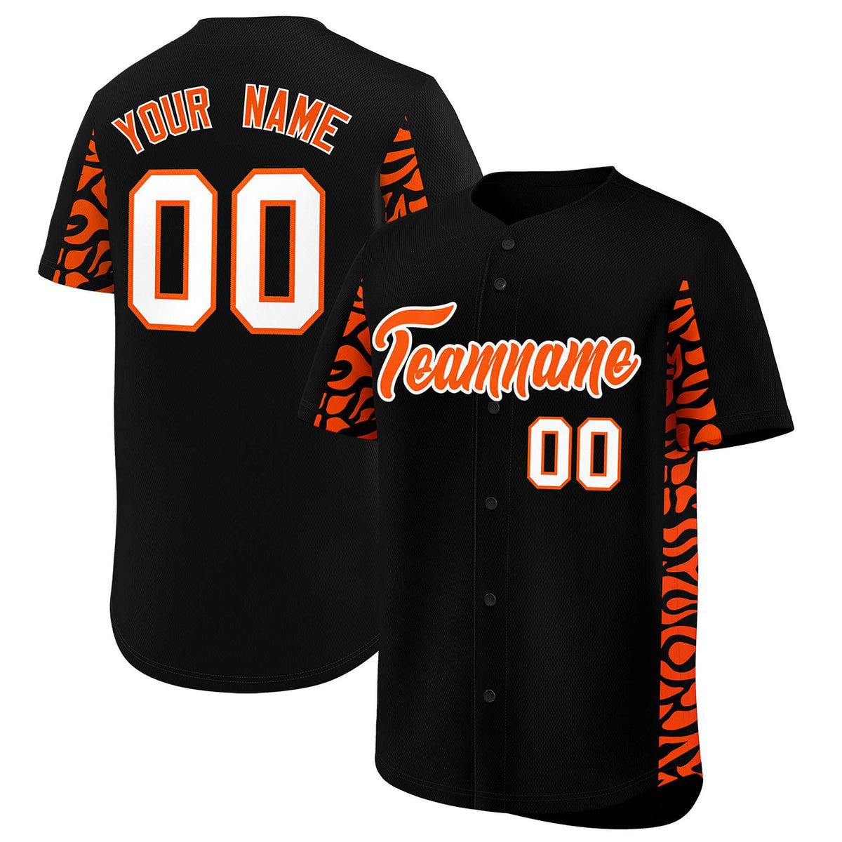 Custom Black Orange Personalized Leopard Graffiti Pattern Side Design Authentic Baseball Jersey