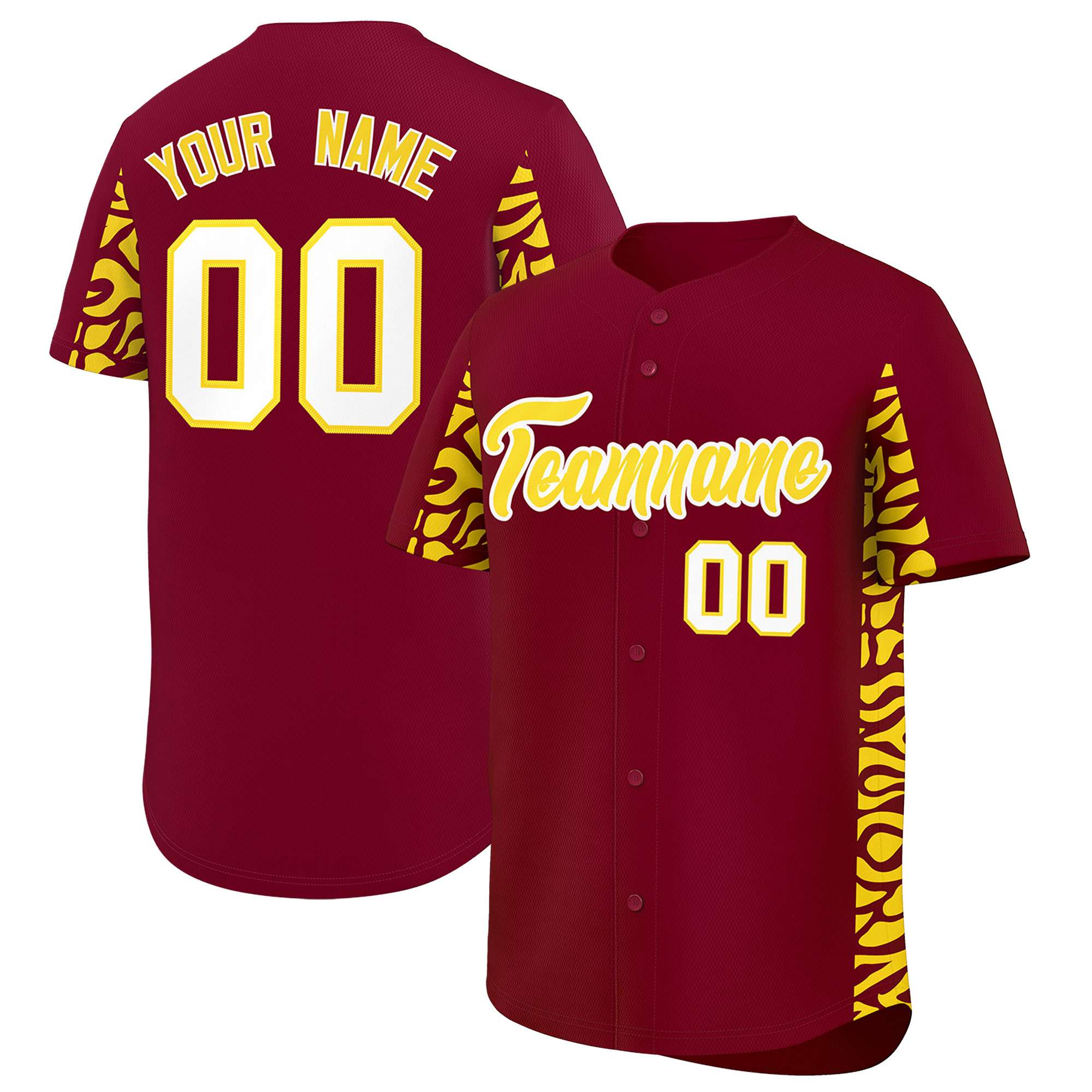 Custom Crimson Gold Personalized Leopard Graffiti Pattern Side Design Authentic Baseball Jersey
