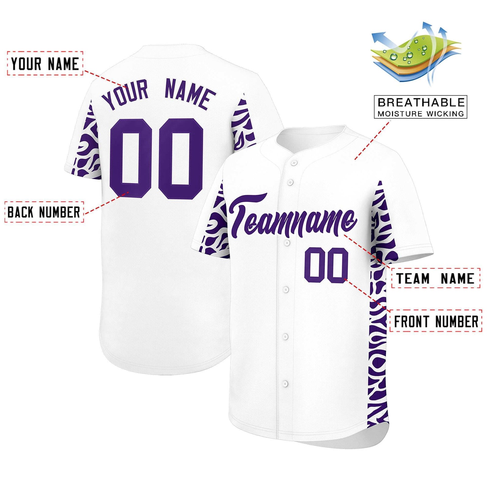 Custom White Purple Personalized Leopard Graffiti Pattern Side Design Authentic Baseball Jersey