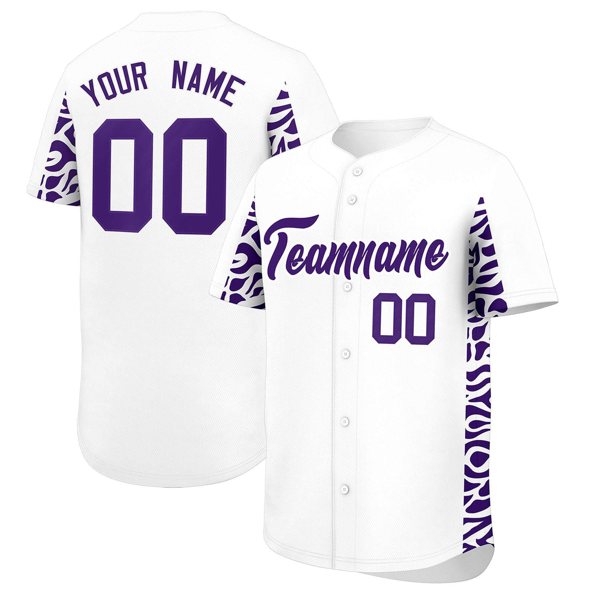 Custom White Purple Personalized Leopard Graffiti Pattern Side Design Authentic Baseball Jersey