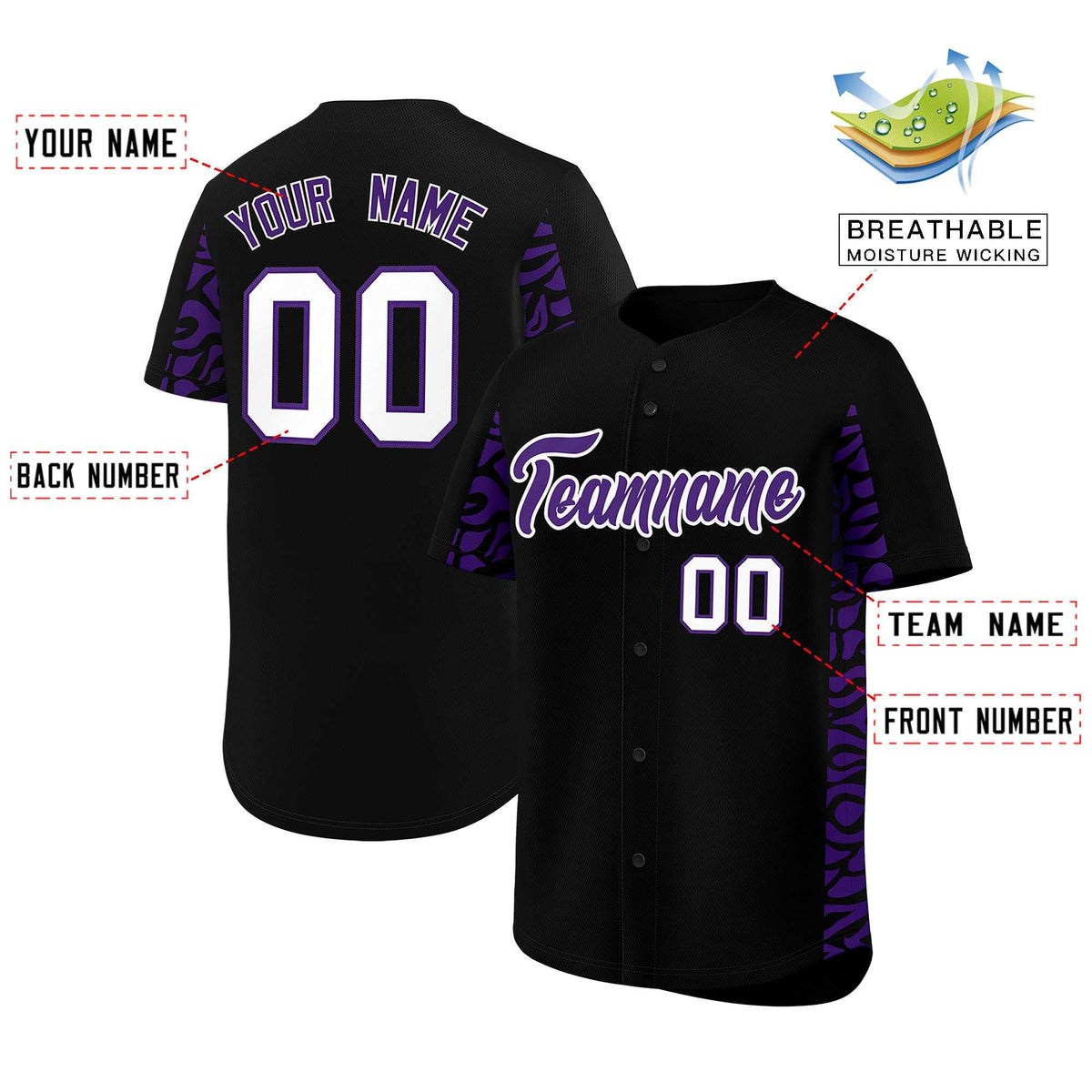 Custom Black Purple Personalized Leopard Graffiti Pattern Side Design Authentic Baseball Jersey