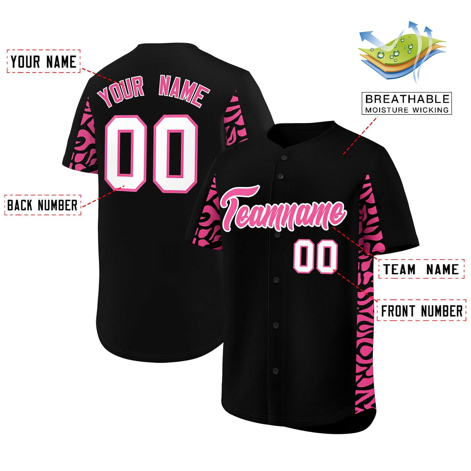 Custom Black Pink Personalized Leopard Graffiti Pattern Side Design Authentic Baseball Jersey