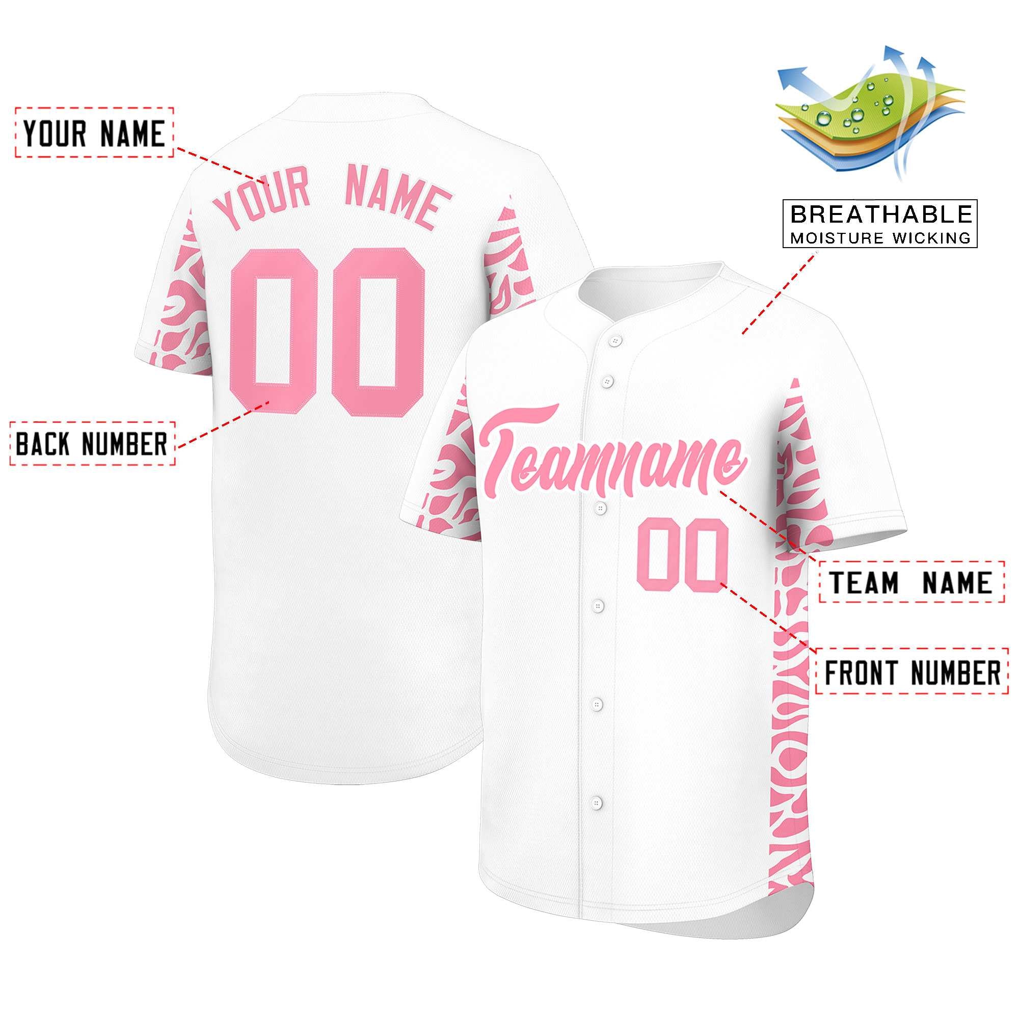 Custom White Light Pink Personalized Leopard Graffiti Pattern Side Design Authentic Baseball Jersey