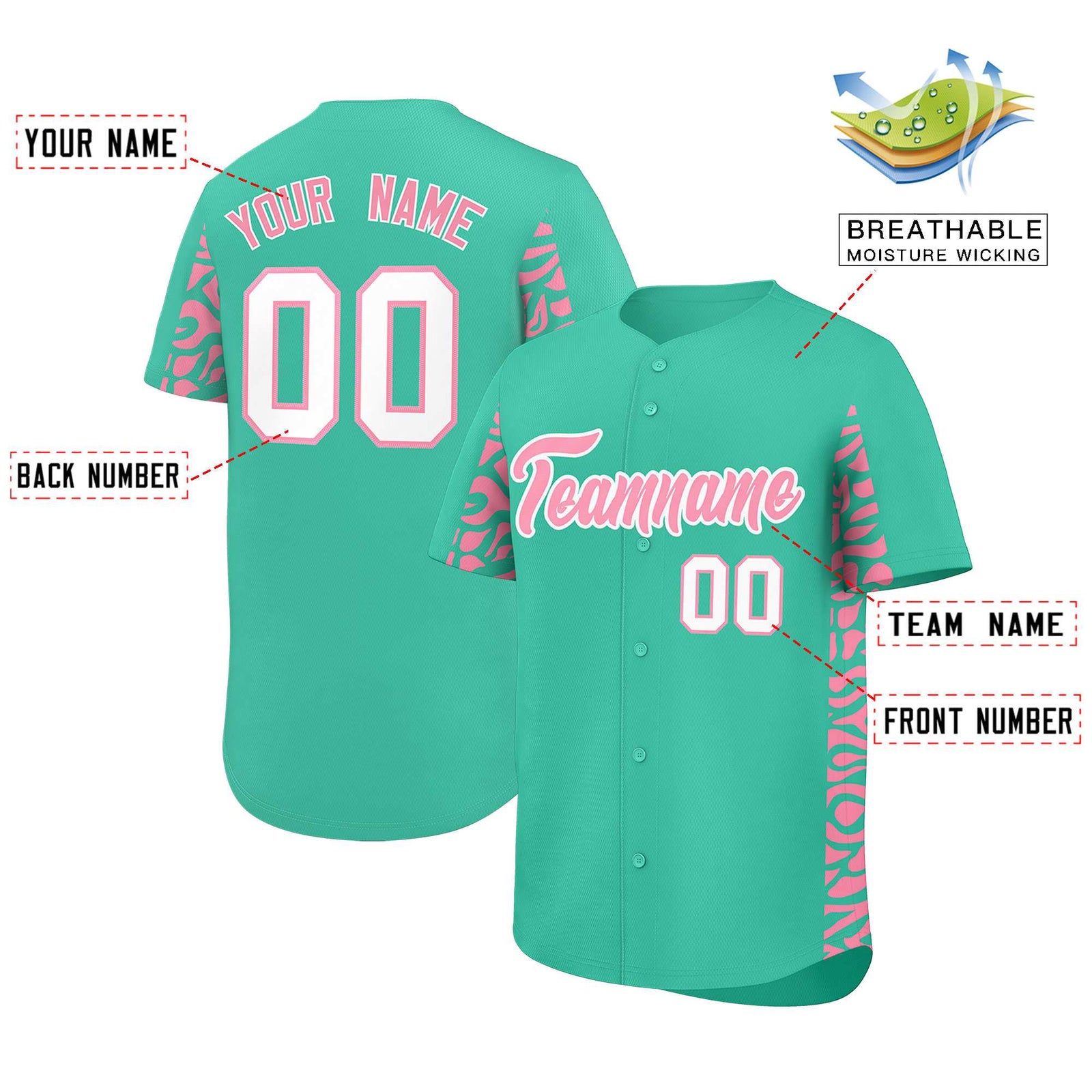 Custom Bright Green Light Pink Personalized Leopard Graffiti Pattern Side Design Authentic Baseball Jersey