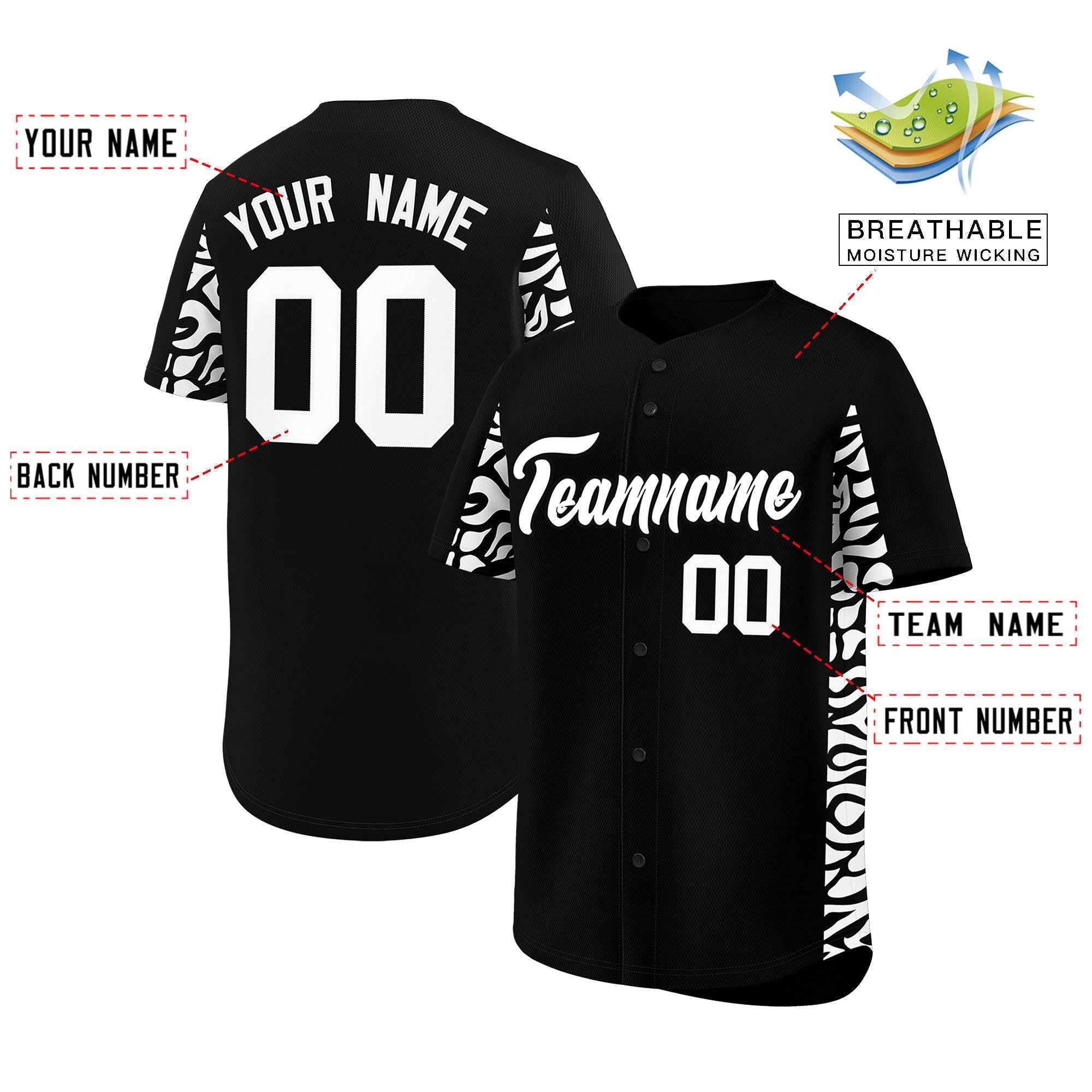 Custom Black White Personalized Leopard Graffiti Pattern Side Design Authentic Baseball Jersey