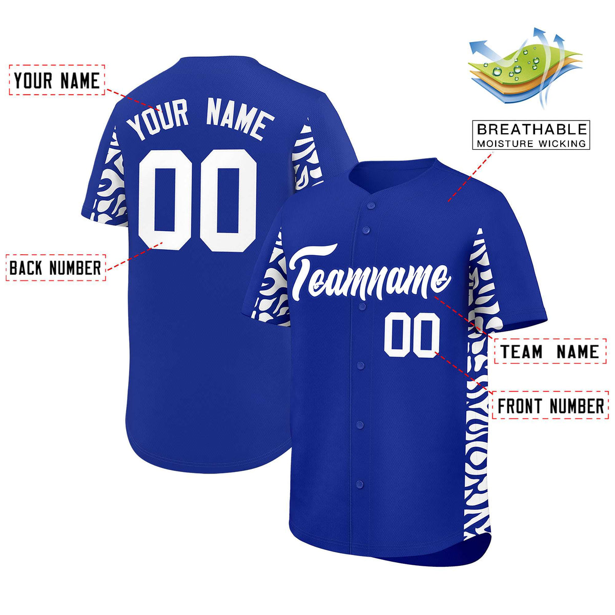 Custom Royal White Personalized Leopard Graffiti Pattern Side Design Authentic Baseball Jersey