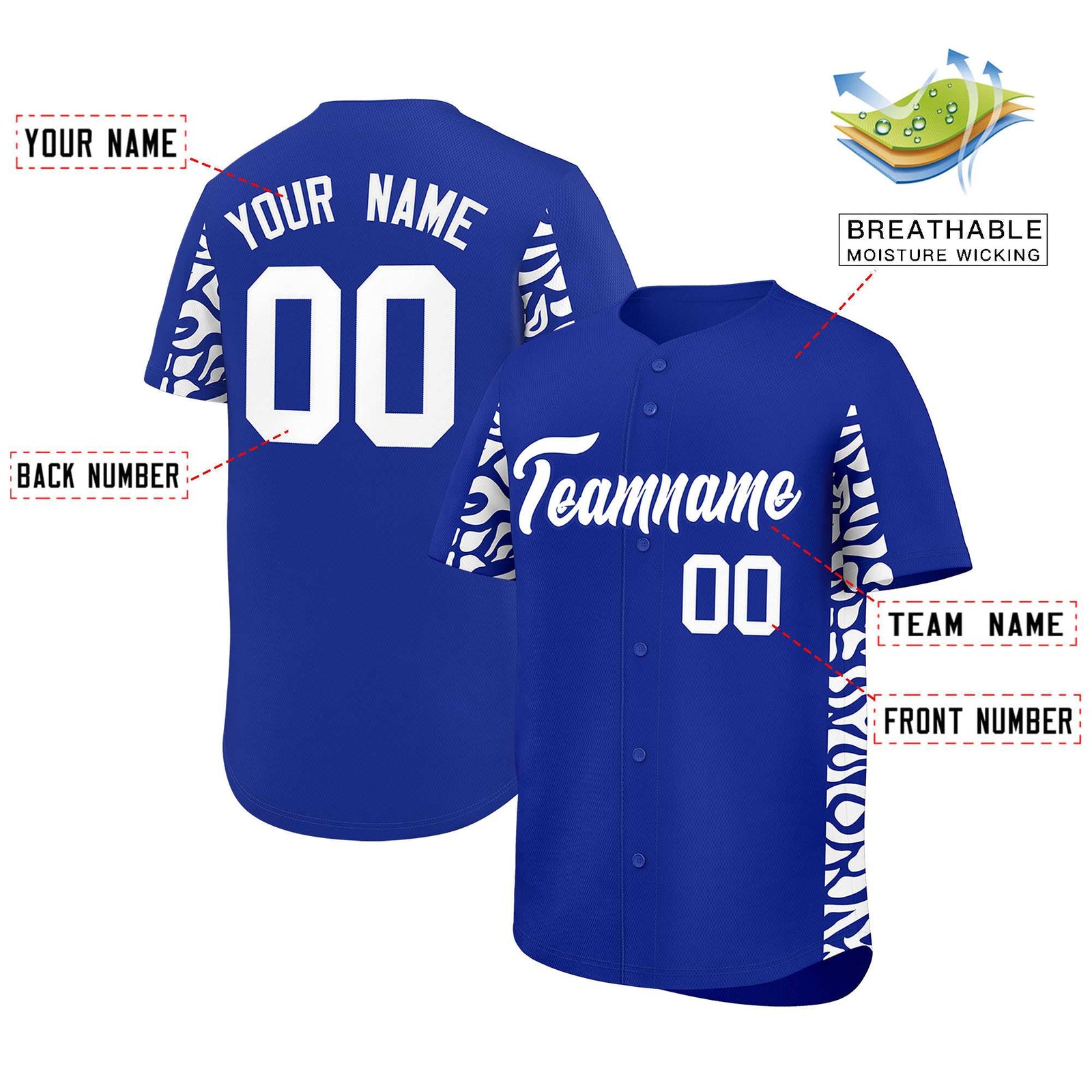 Custom Royal White Personalized Leopard Graffiti Pattern Side Design Authentic Baseball Jersey