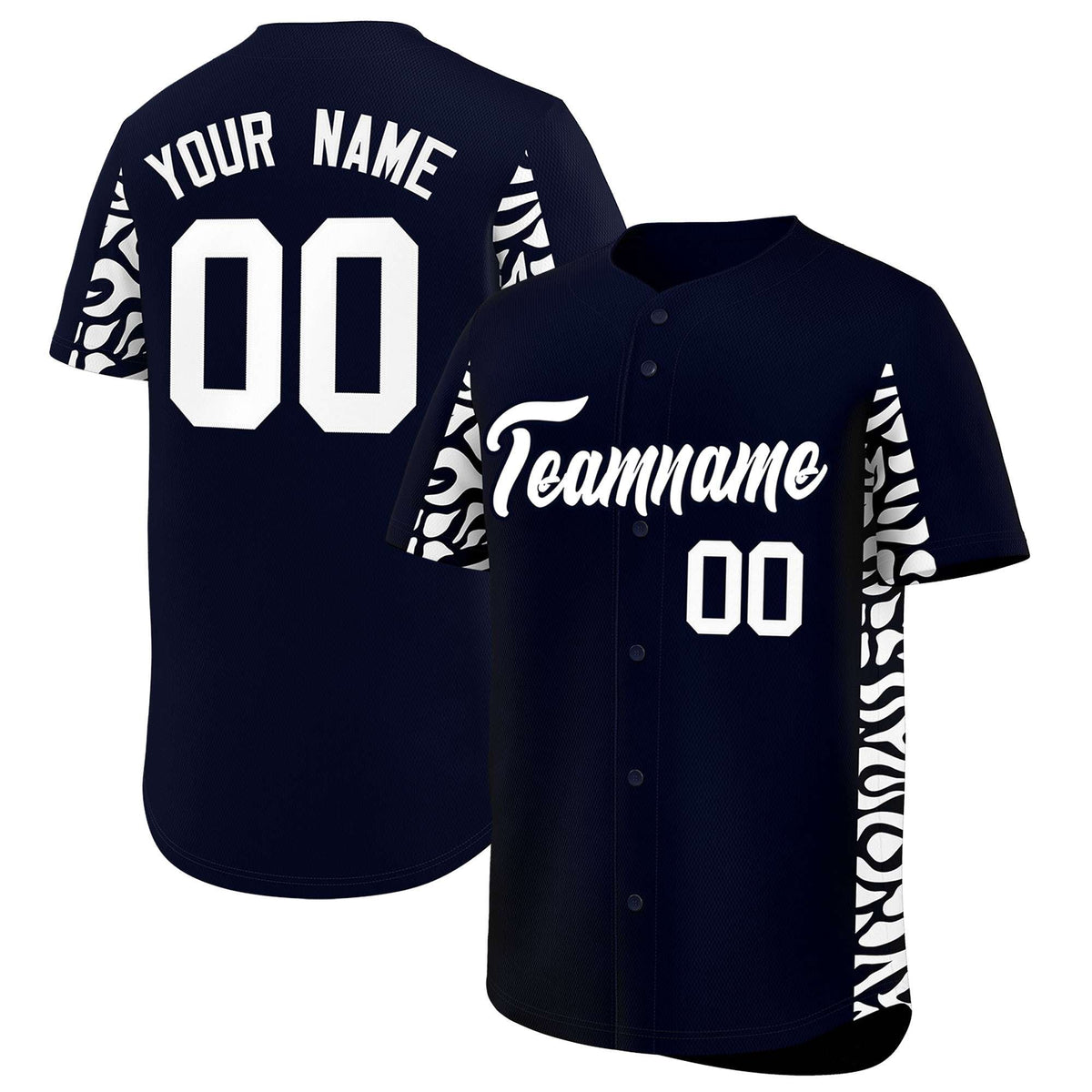 Custom Navy White Personalized Leopard Graffiti Pattern Side Design Authentic Baseball Jersey