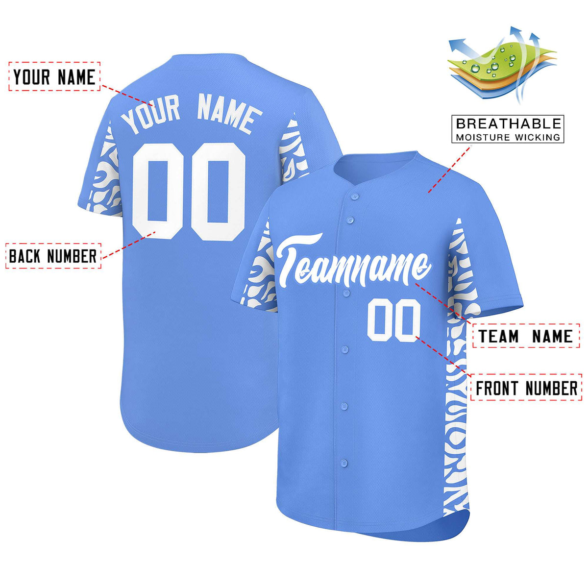 Custom Powder Blue White Personalized Leopard Graffiti Pattern Side Design Authentic Baseball Jersey