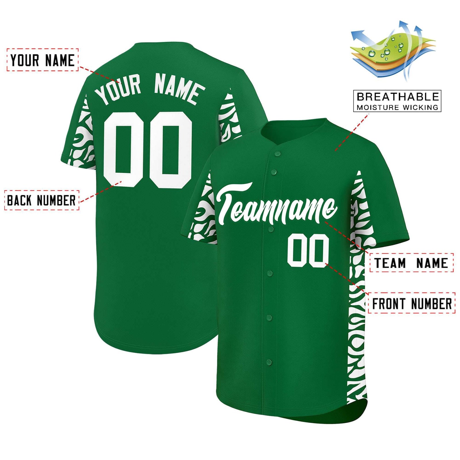 Custom Kelly Green White Personalized Leopard Graffiti Pattern Side Design Authentic Baseball Jersey