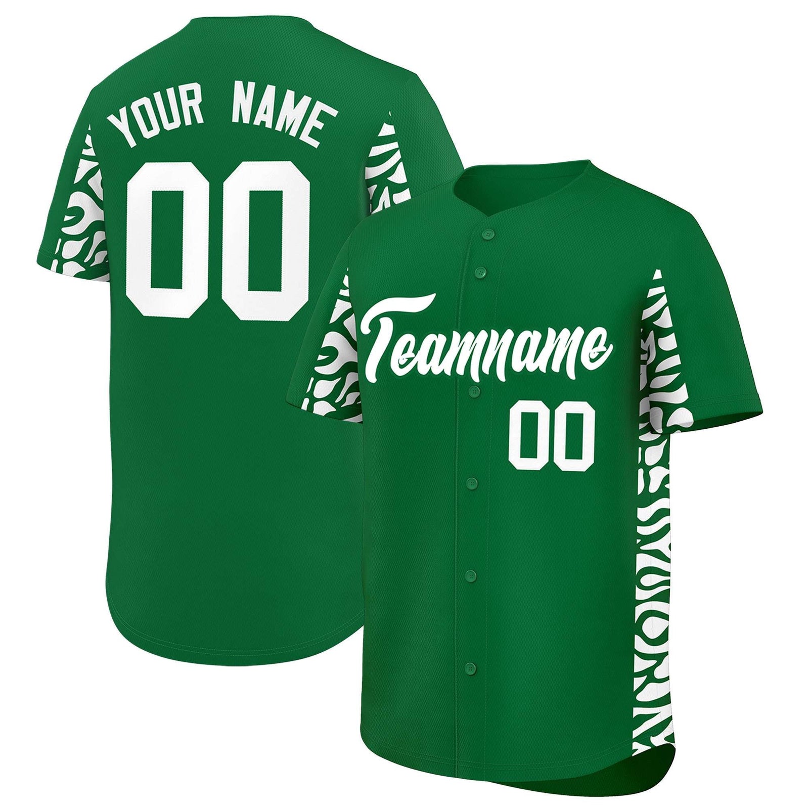 Custom Kelly Green White Personalized Leopard Graffiti Pattern Side Design Authentic Baseball Jersey