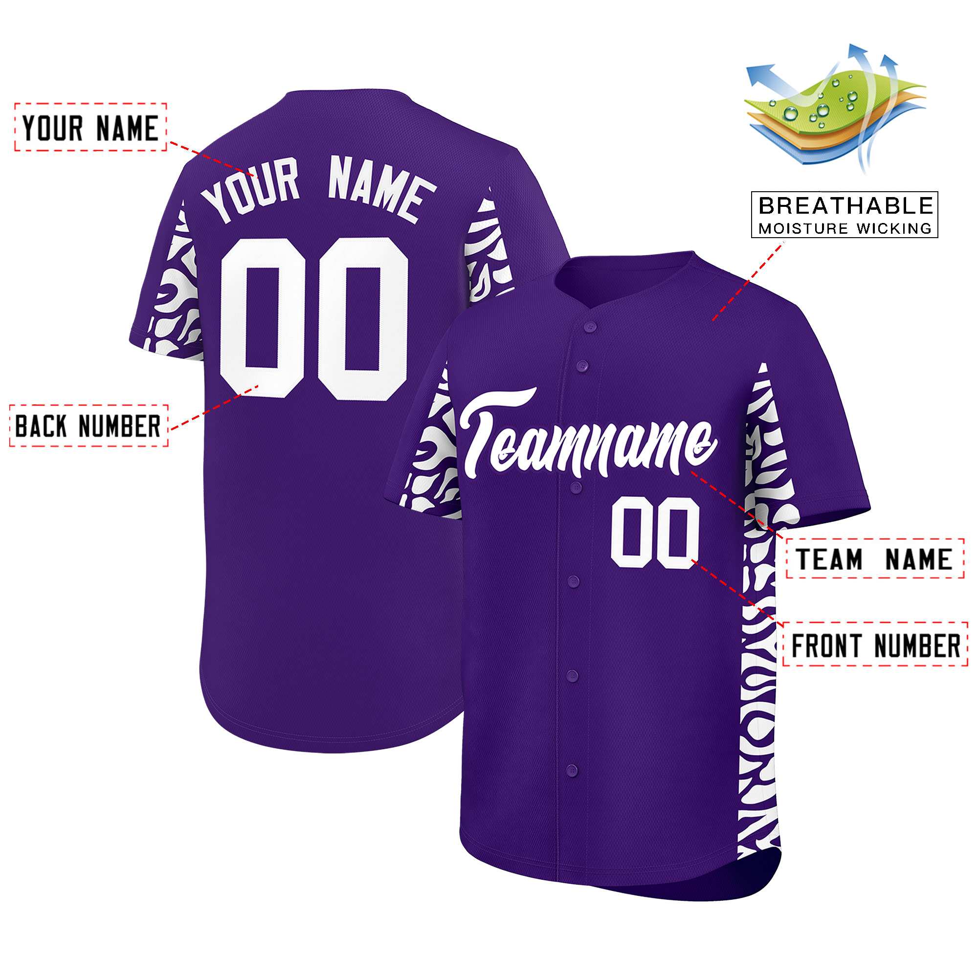 Custom Purple White Personalized Leopard Graffiti Pattern Side Design Authentic Baseball Jersey