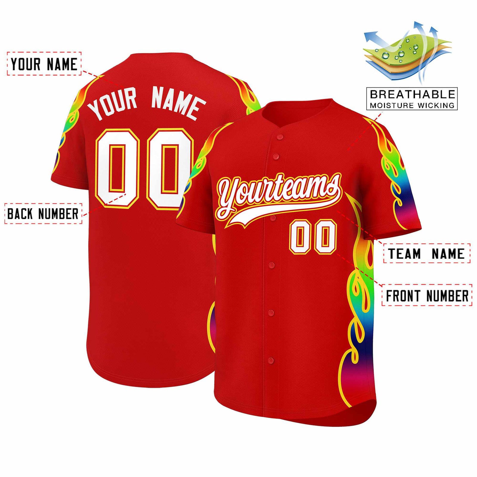Custom Red Graffiti Pattern Personalized Multicolored Flames Print Authentic Baseball Jersey