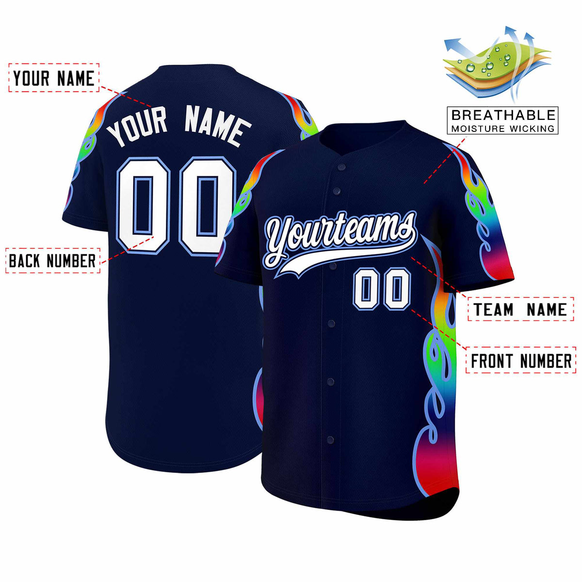 Custom Navy Graffiti Pattern Personalized Multicolored Flames Print Authentic Baseball Jersey