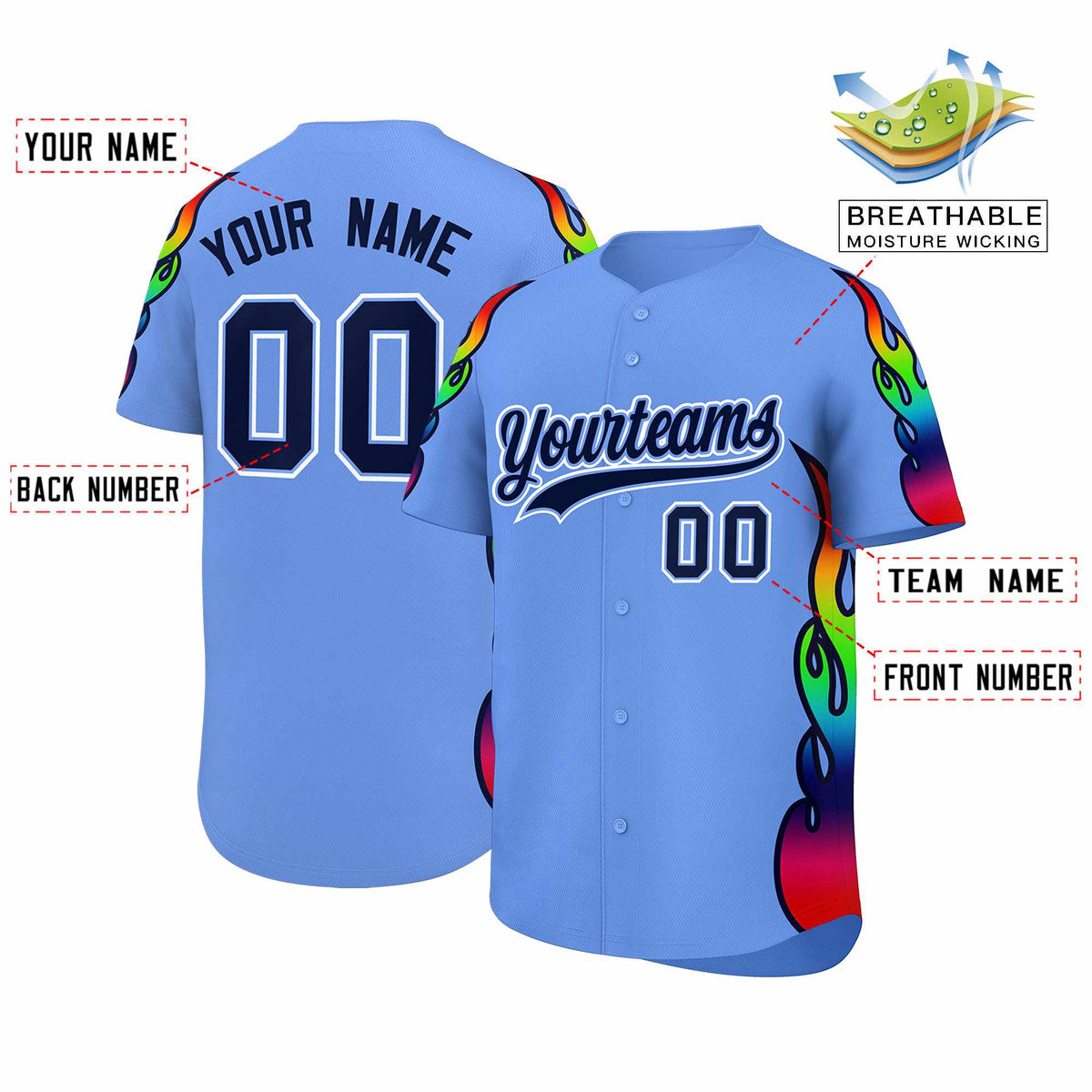 Custom Light Blue Graffiti Pattern Personalized Multicolored Flames Print Authentic Baseball Jersey