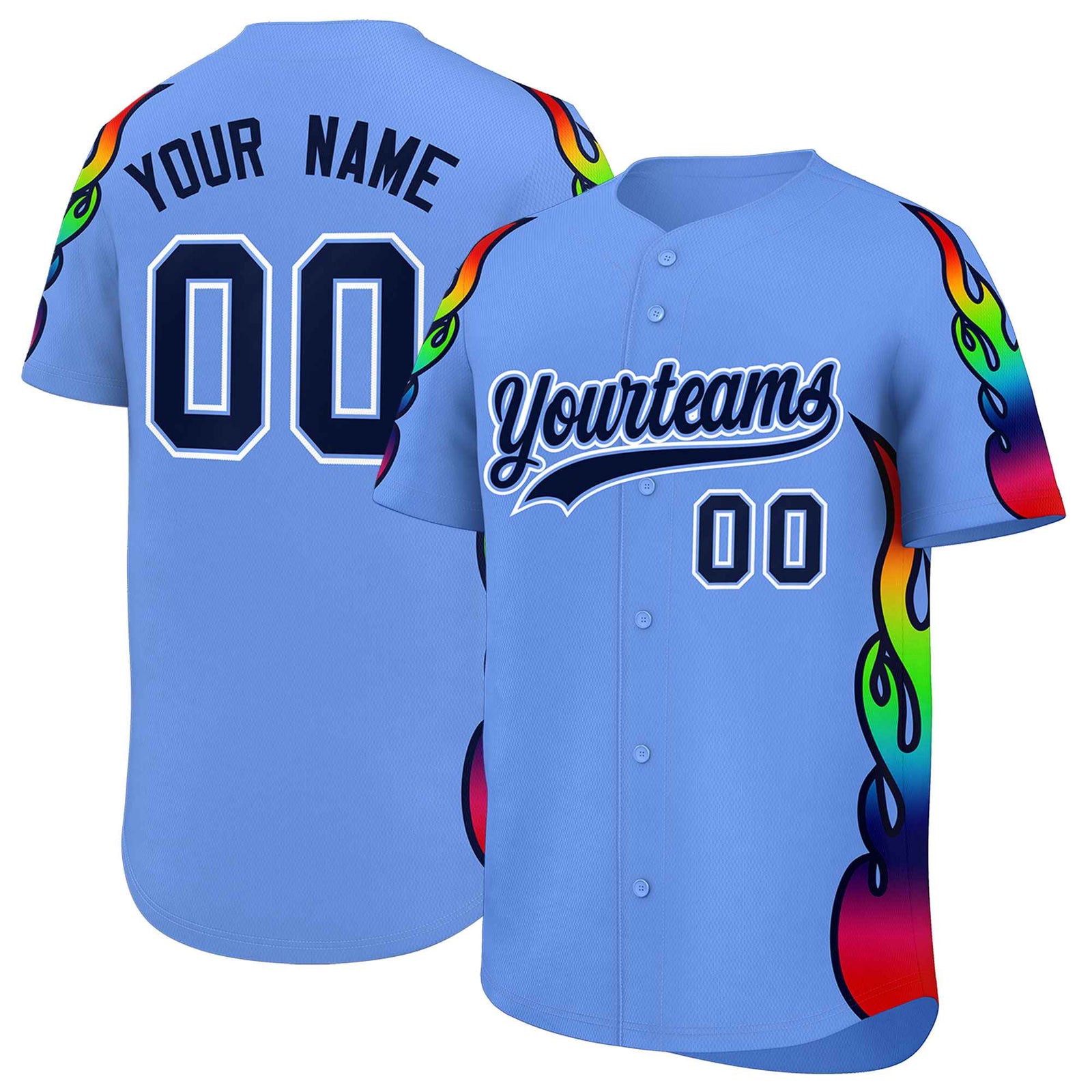 Custom Light Blue Graffiti Pattern Personalized Multicolored Flames Print Authentic Baseball Jersey