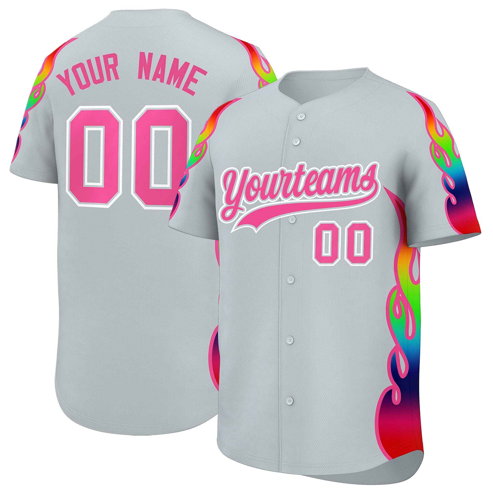 Custom Silver Graffiti Pattern Personalized Multicolored Flames Print Authentic Baseball Jersey