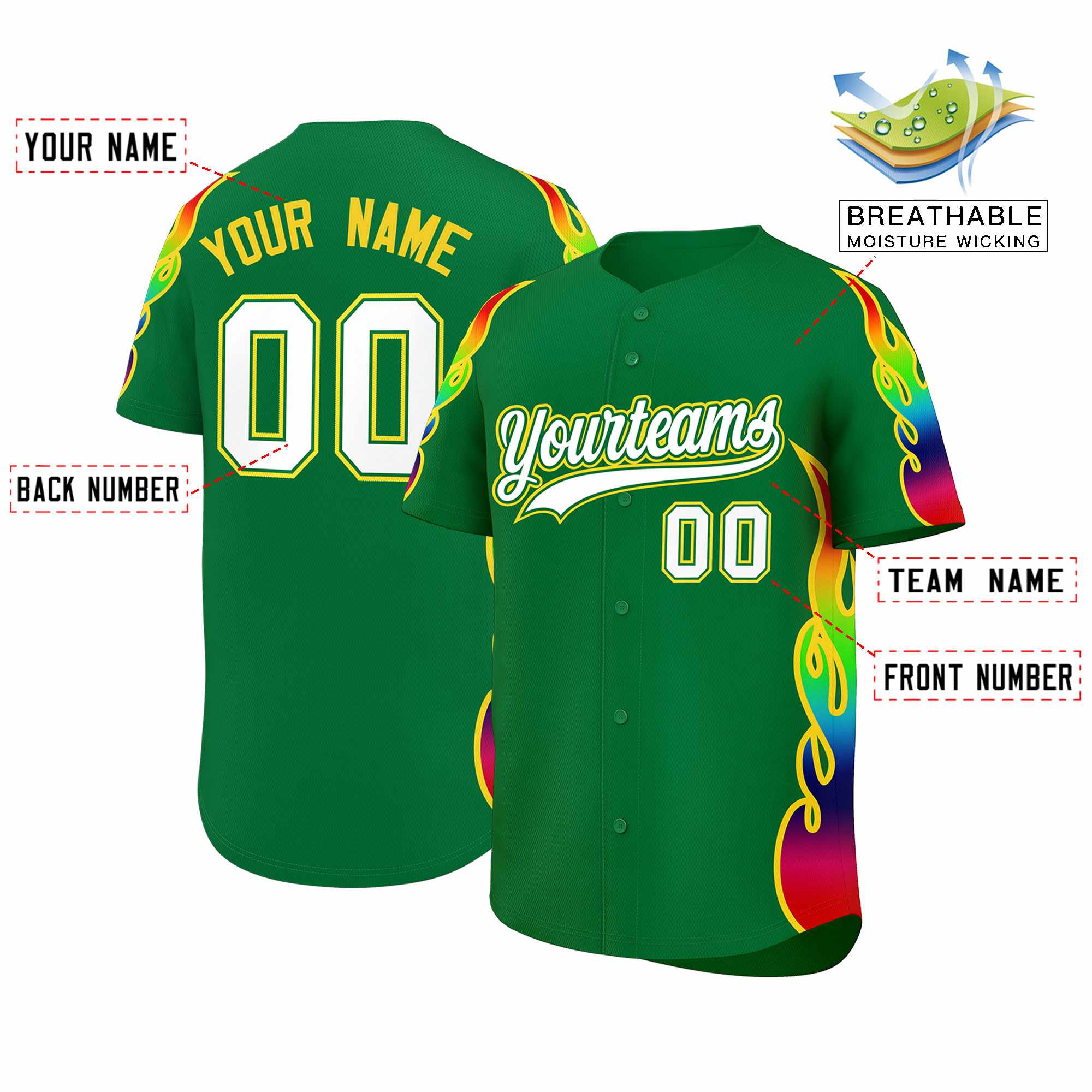 Custom Kelly Green Graffiti Pattern Personalized Multicolored Flames Print Authentic Baseball Jersey