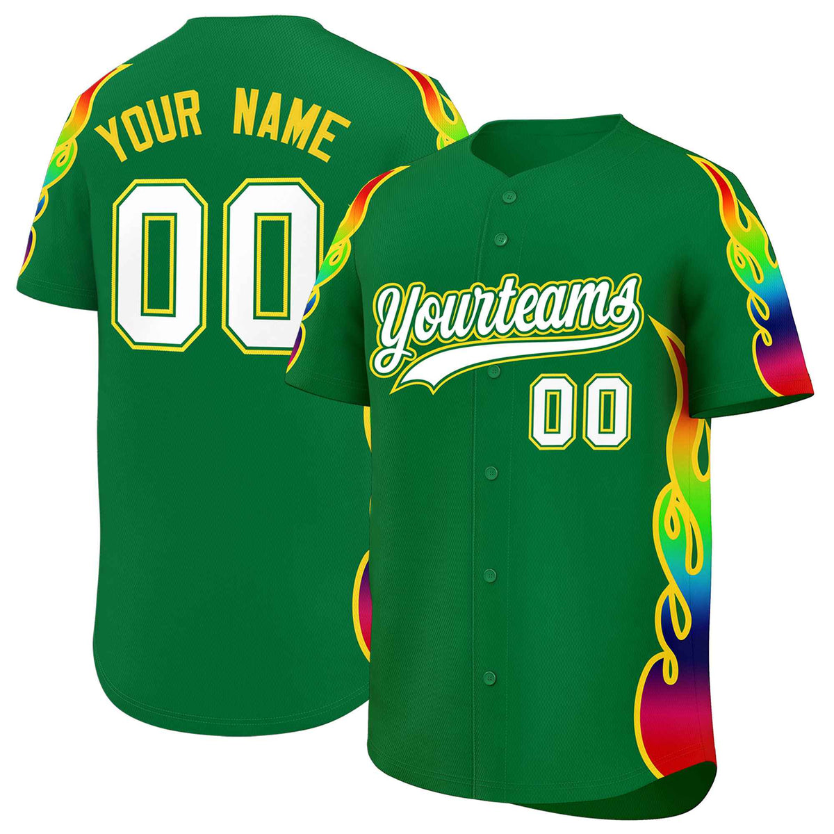 Custom Kelly Green Graffiti Pattern Personalized Multicolored Flames Print Authentic Baseball Jersey