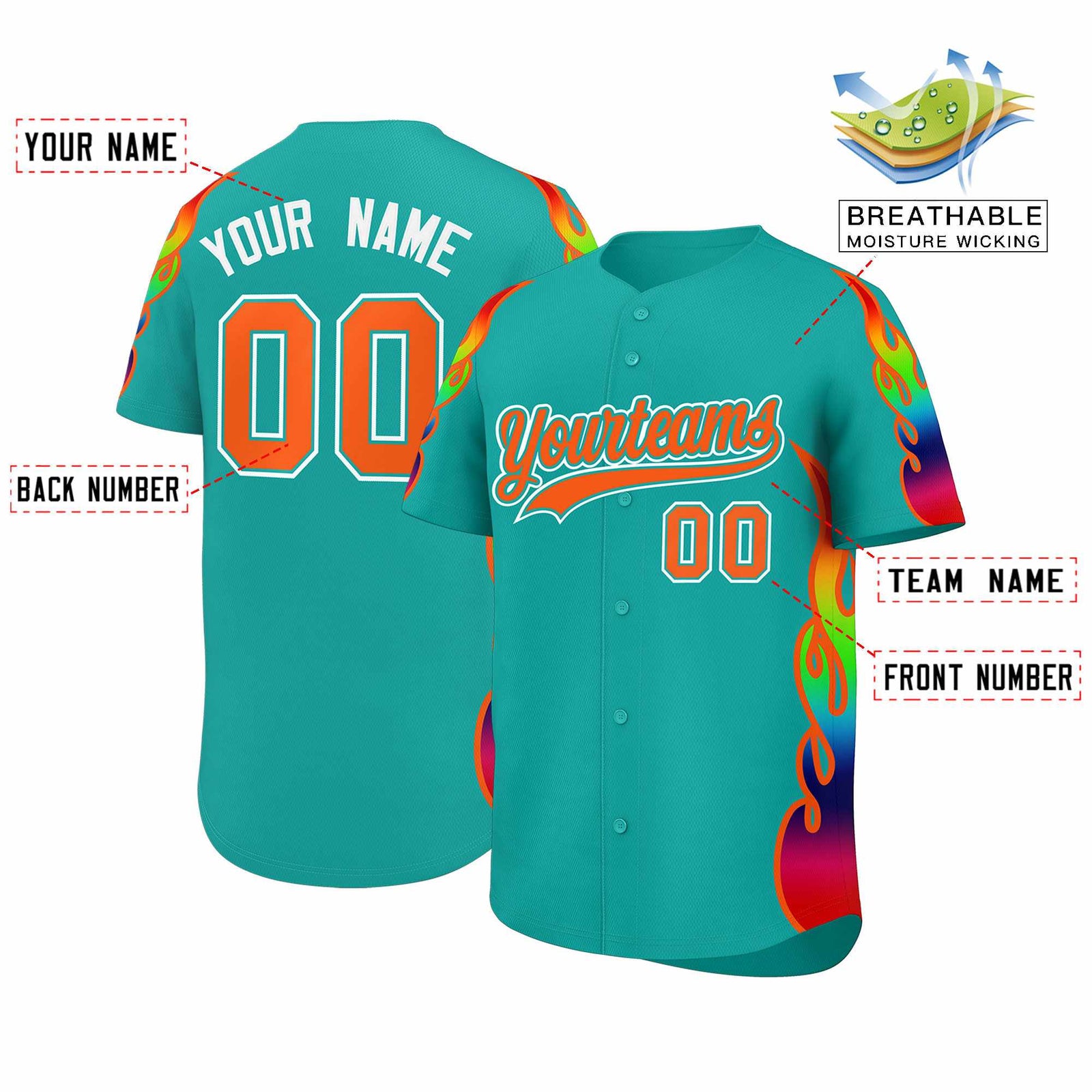 Custom Aqua Graffiti Pattern Personalized Multicolored Flames Print Authentic Baseball Jersey