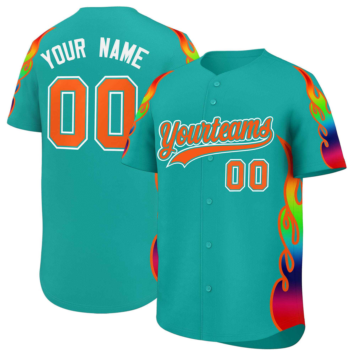 Custom Aqua Graffiti Pattern Personalized Multicolored Flames Print Authentic Baseball Jersey