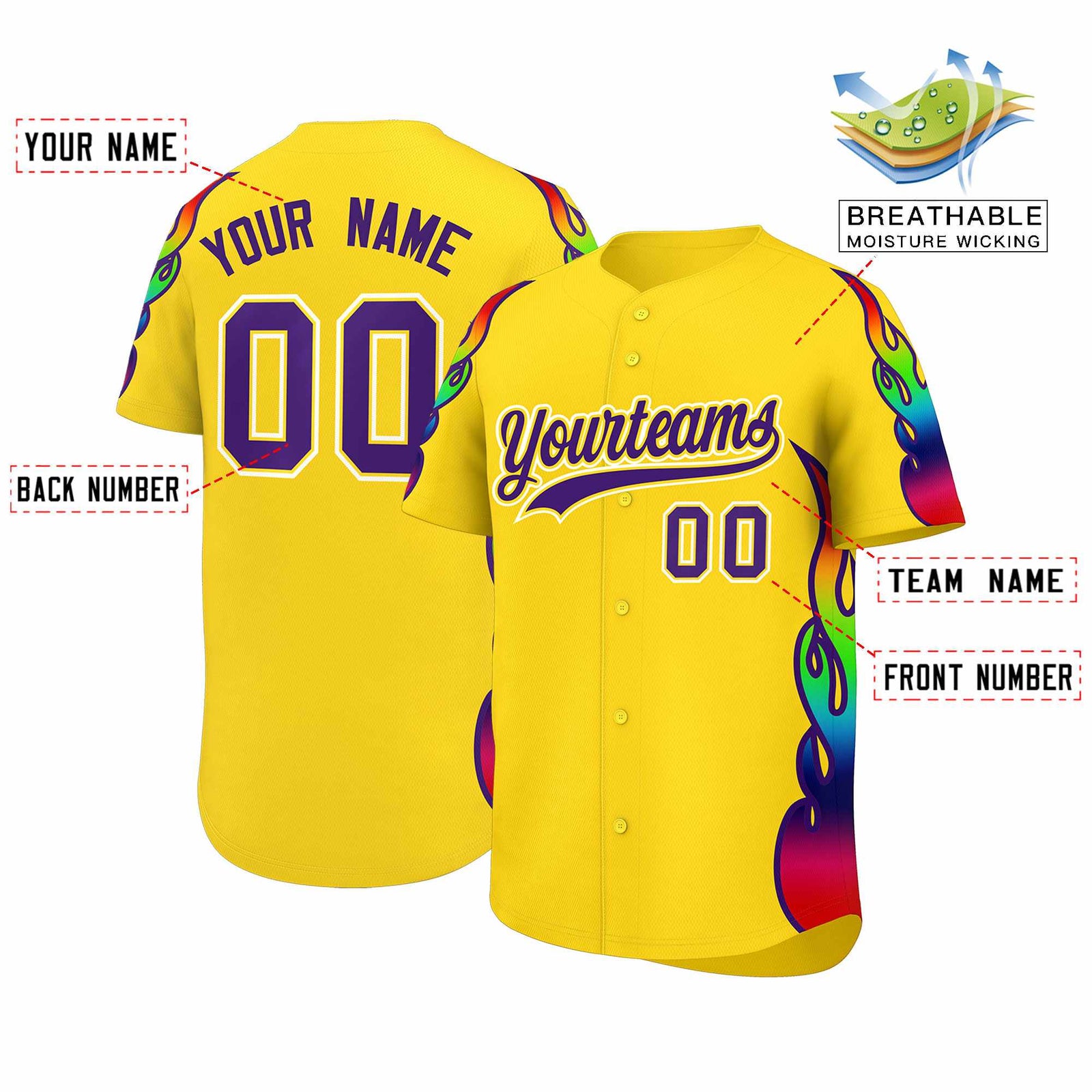 Custom Gold Graffiti Pattern Personalized Multicolored Flames Print Authentic Baseball Jersey