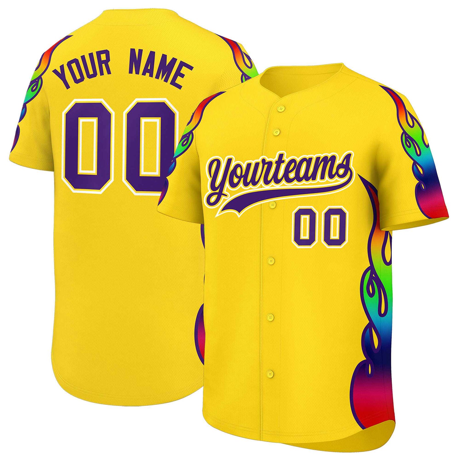 Custom Gold Graffiti Pattern Personalized Multicolored Flames Print Authentic Baseball Jersey