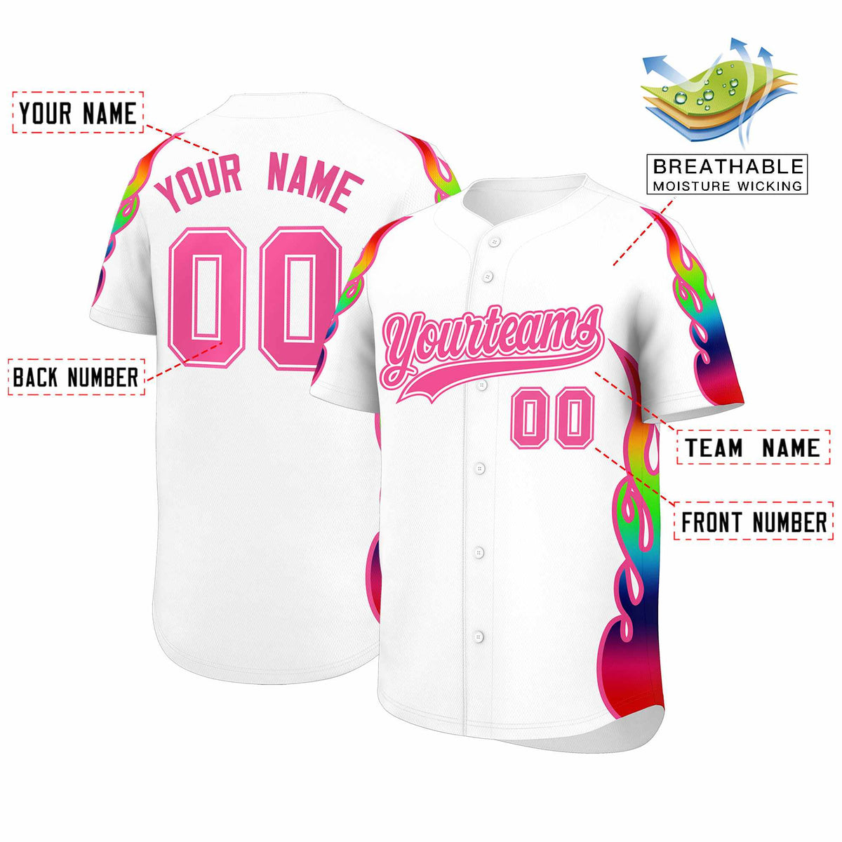 Custom White Graffiti Pattern Personalized Multicolored Flames Print Authentic Baseball Jersey