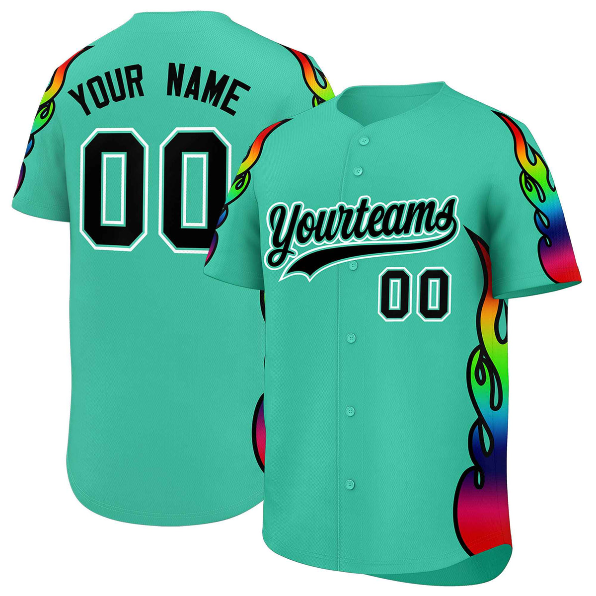 Custom Bright Green Graffiti Pattern Personalized Multicolored Flames Print Authentic Baseball Jersey