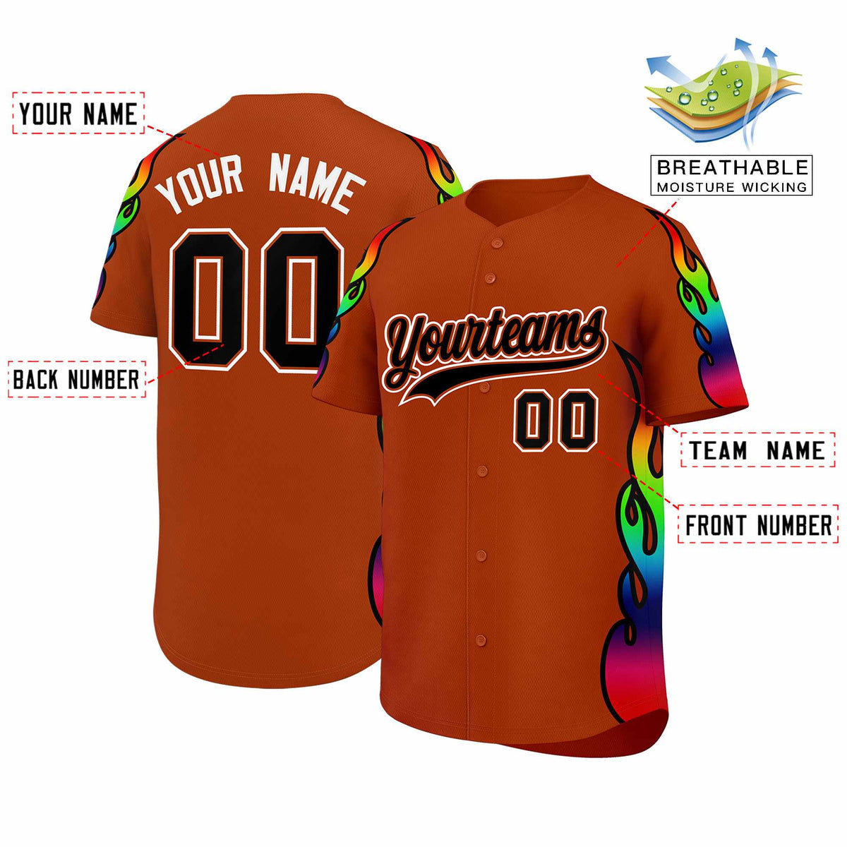 Custom Texas Orange Graffiti Pattern Personalized Multicolored Flames Print Authentic Baseball Jersey