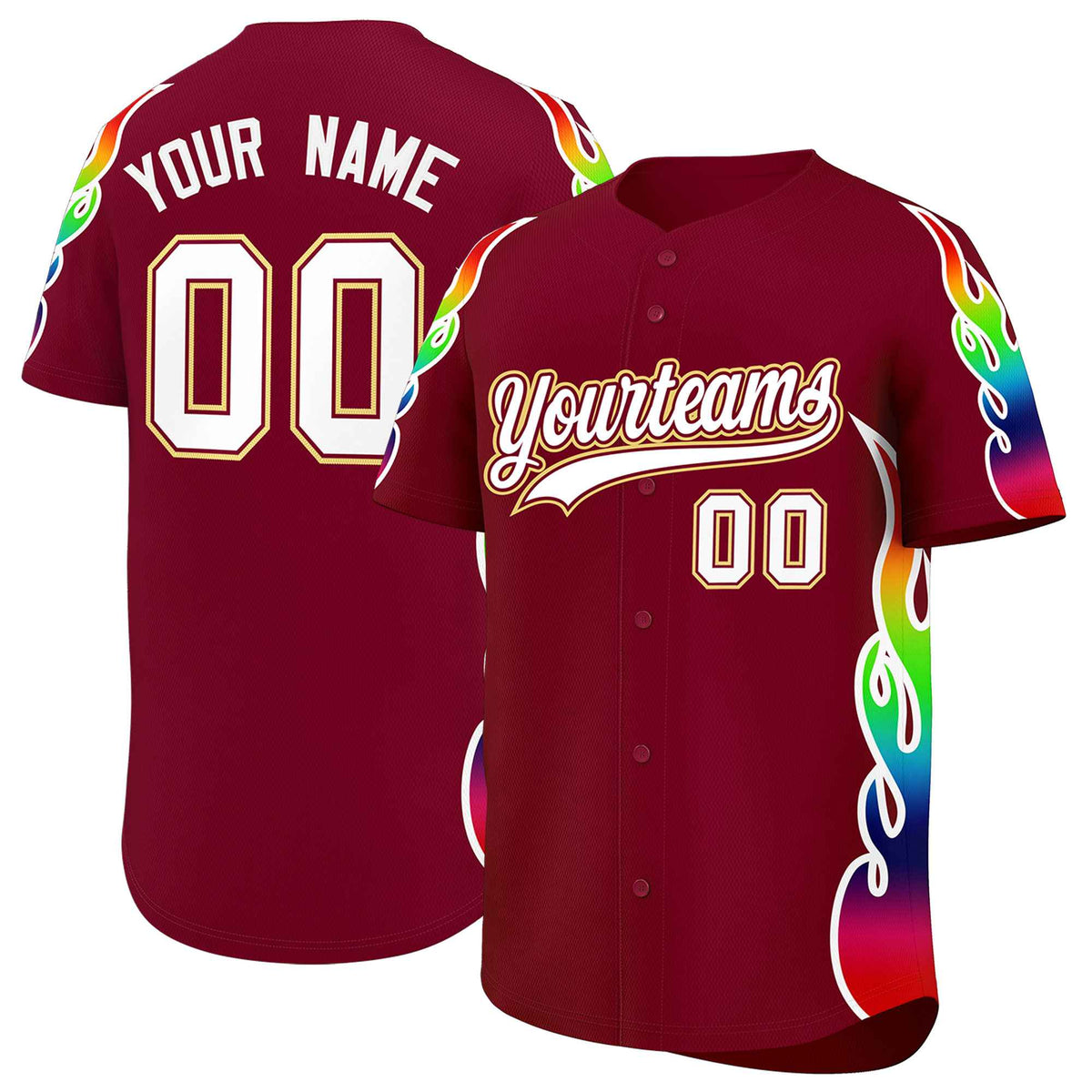 Custom Crimson Graffiti Pattern Personalized Multicolored Flames Print Authentic Baseball Jersey
