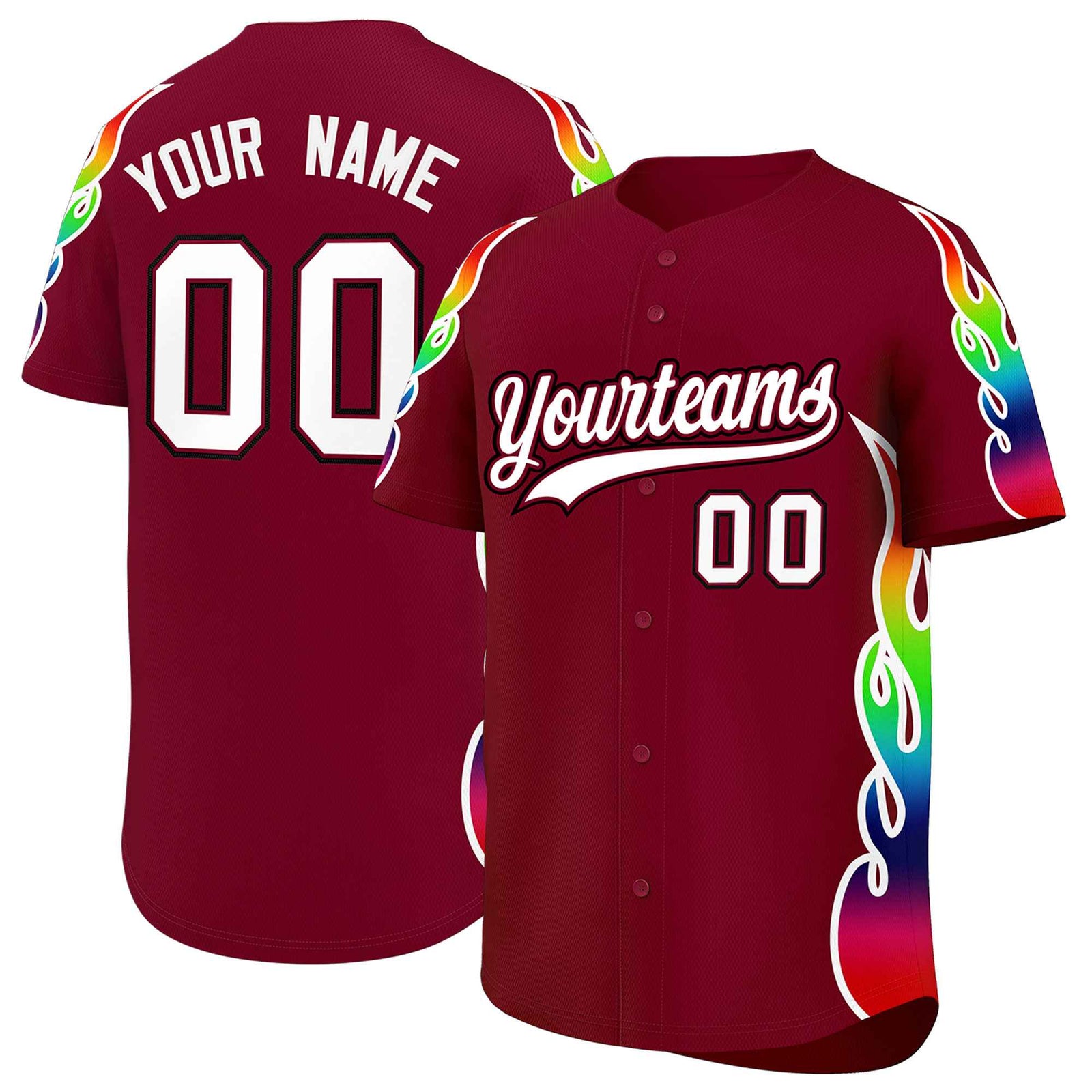 Custom Crimson Graffiti Pattern Personalized Multicolored Flames Print Authentic Baseball Jersey