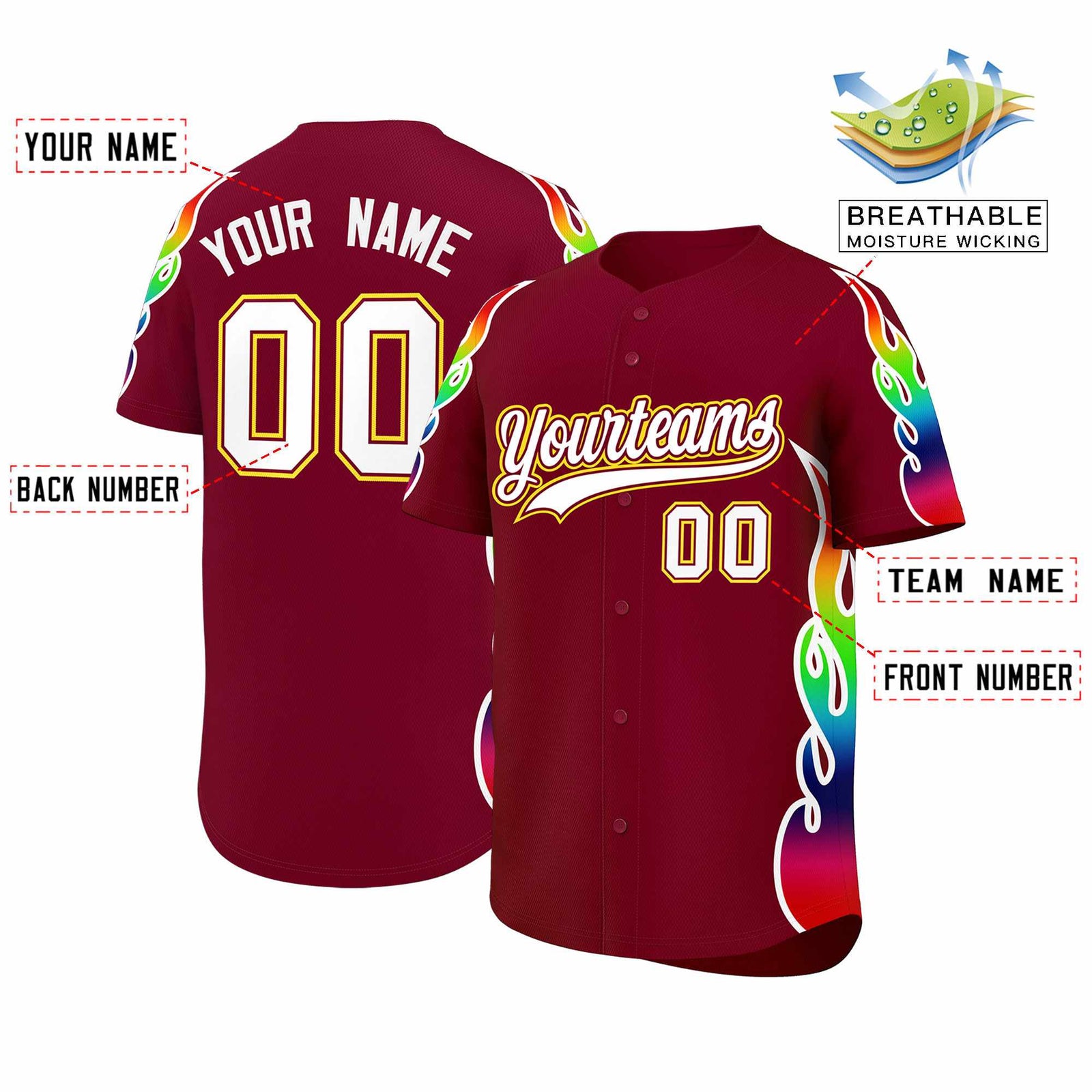 Custom Crimson Graffiti Pattern Personalized Multicolored Flames Print Authentic Baseball Jersey