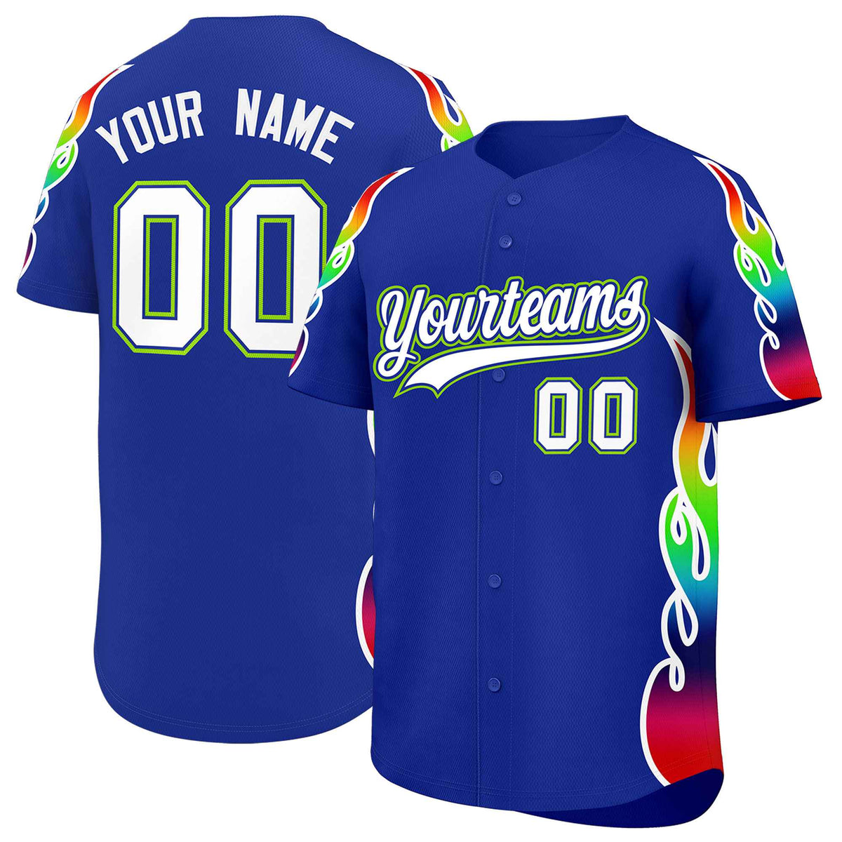 Custom Royal Graffiti Pattern Personalized Multicolored Flames Print Authentic Baseball Jersey