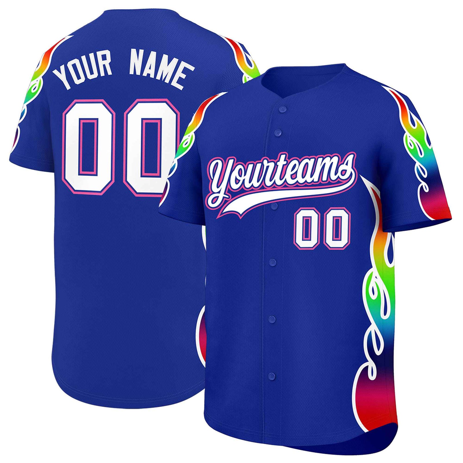 Custom Royal Graffiti Pattern Personalized Multicolored Flames Print Authentic Baseball Jersey