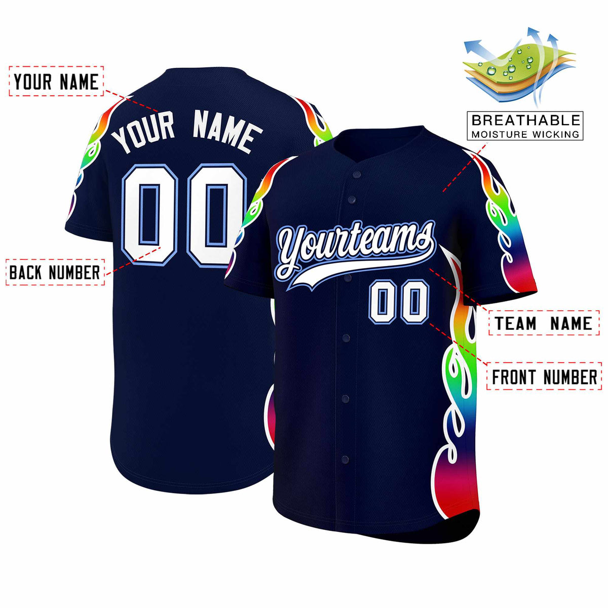 Custom Navy Graffiti Pattern Personalized Multicolored Flames Print Authentic Baseball Jersey