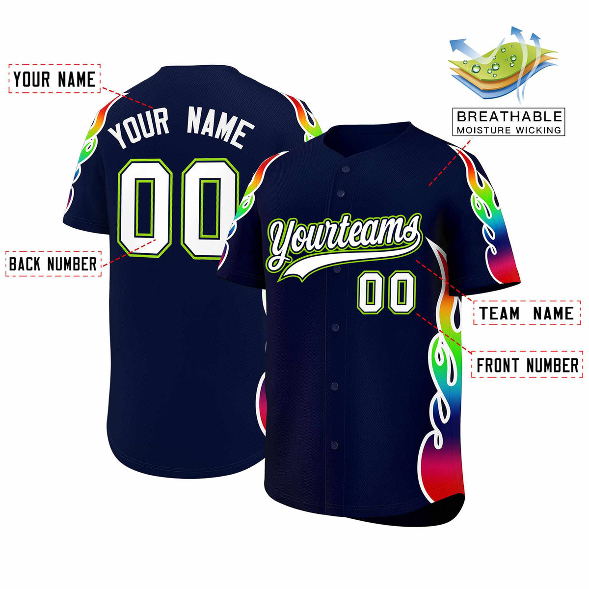 Custom Navy Graffiti Pattern Personalized Multicolored Flames Print Authentic Baseball Jersey