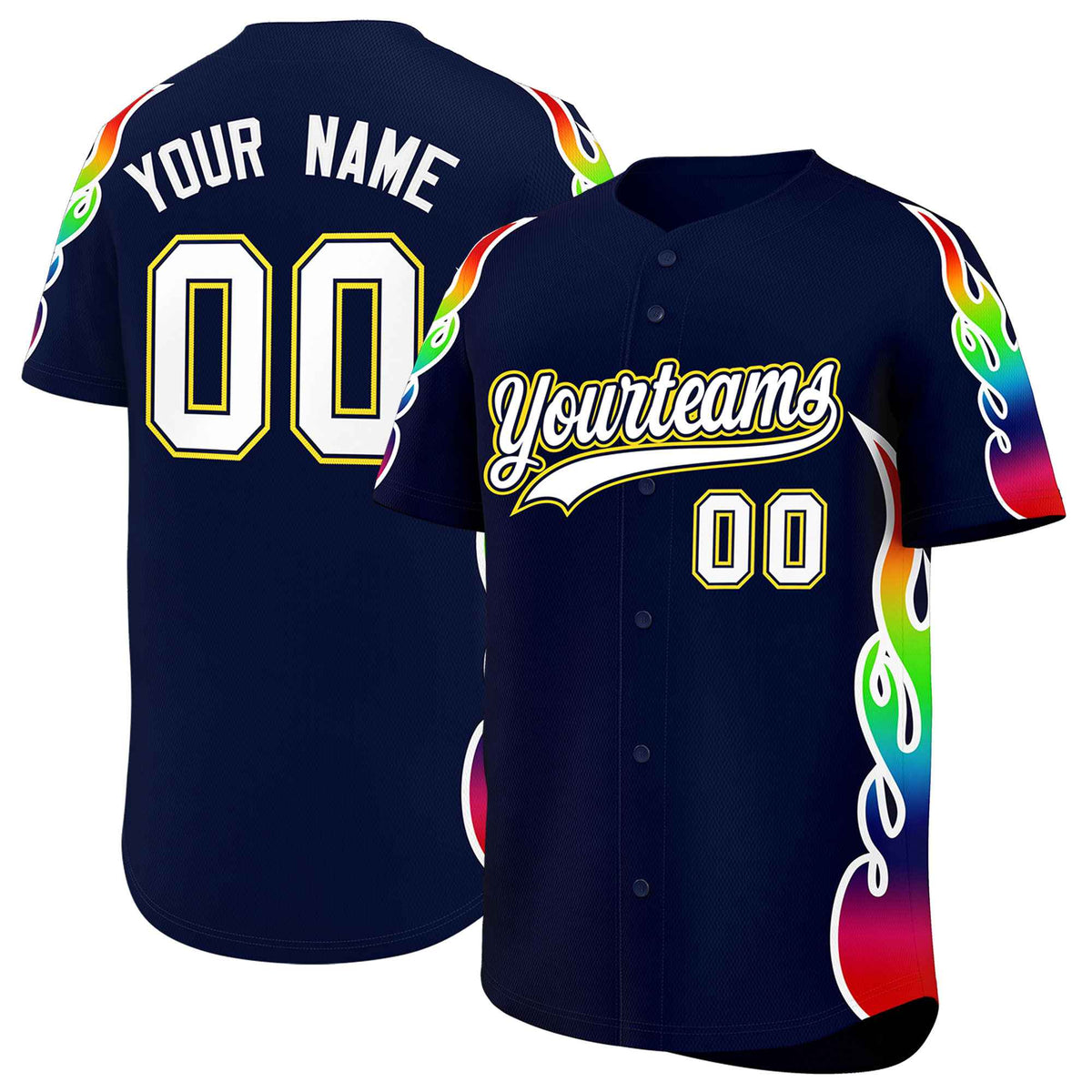 Custom Navy Graffiti Pattern Personalized Multicolored Flames Print Authentic Baseball Jersey