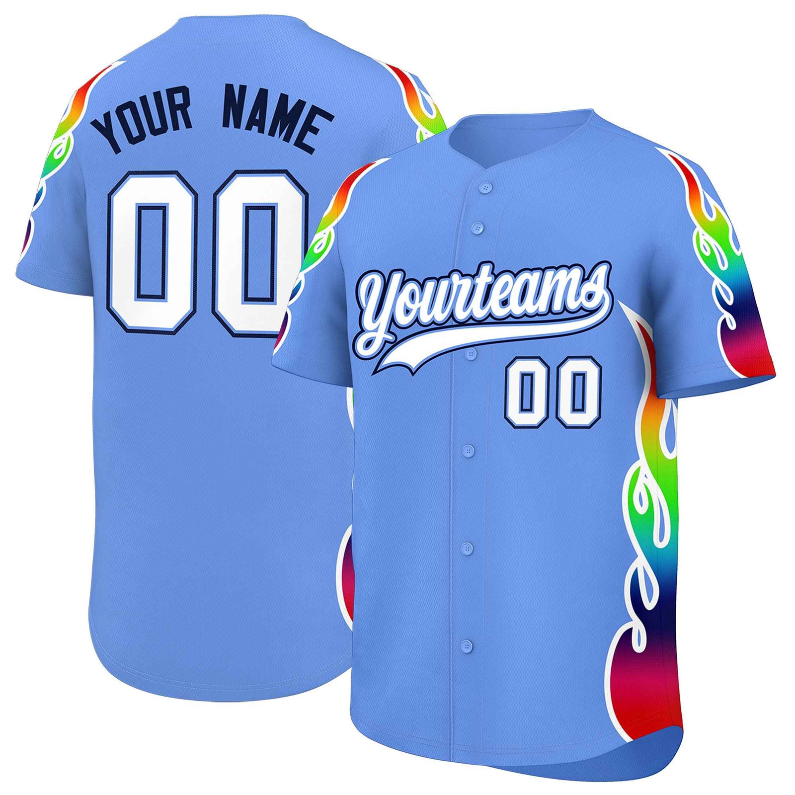 Custom Light Blue Graffiti Pattern Personalized Multicolored Flames Print Authentic Baseball Jersey