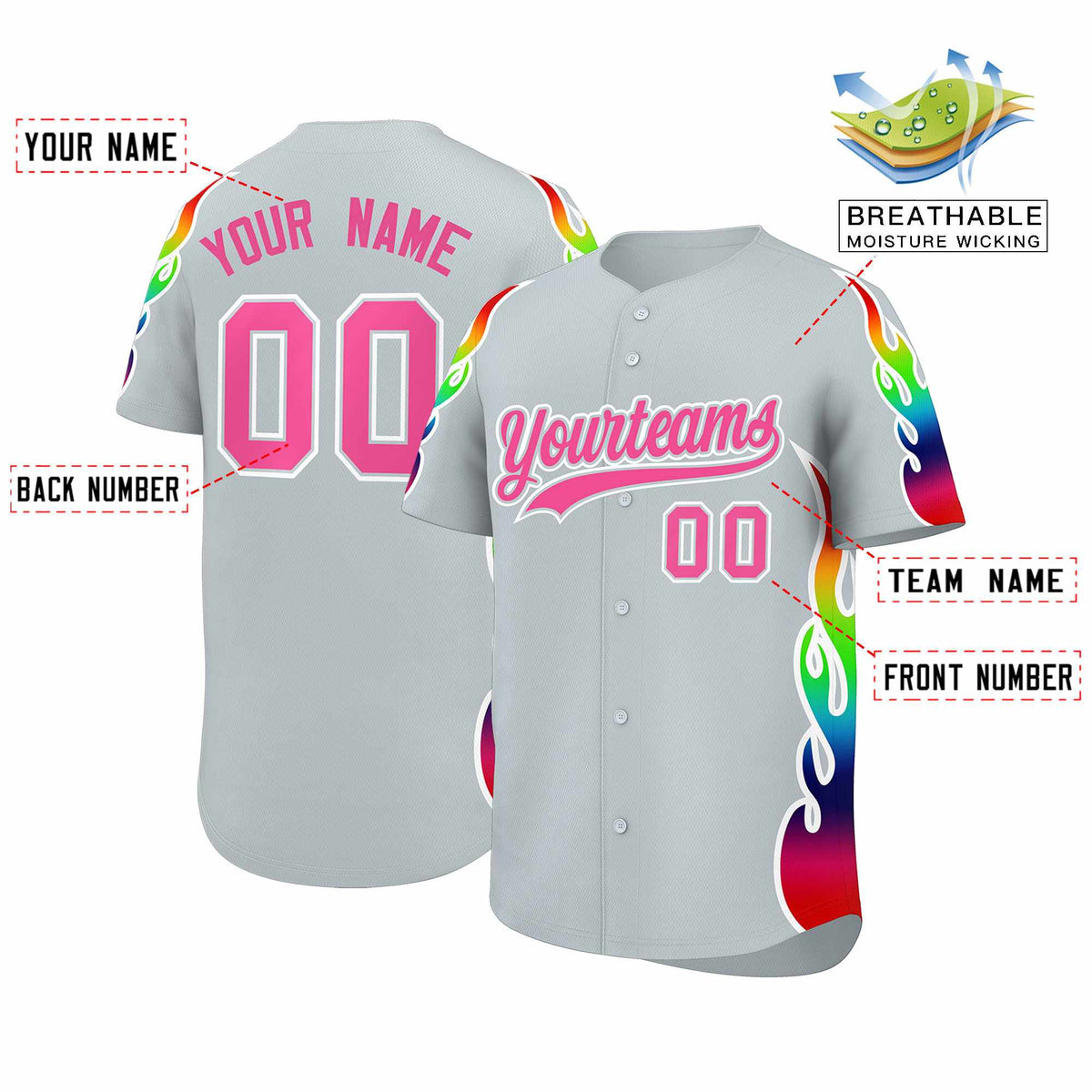 Custom Silver Graffiti Pattern Personalized Multicolored Flames Print Authentic Baseball Jersey
