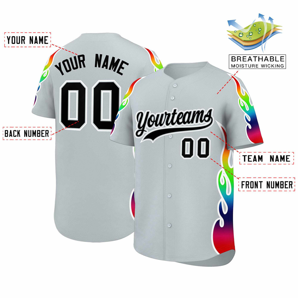 Custom Silver Graffiti Pattern Personalized Multicolored Flames Print Authentic Baseball Jersey